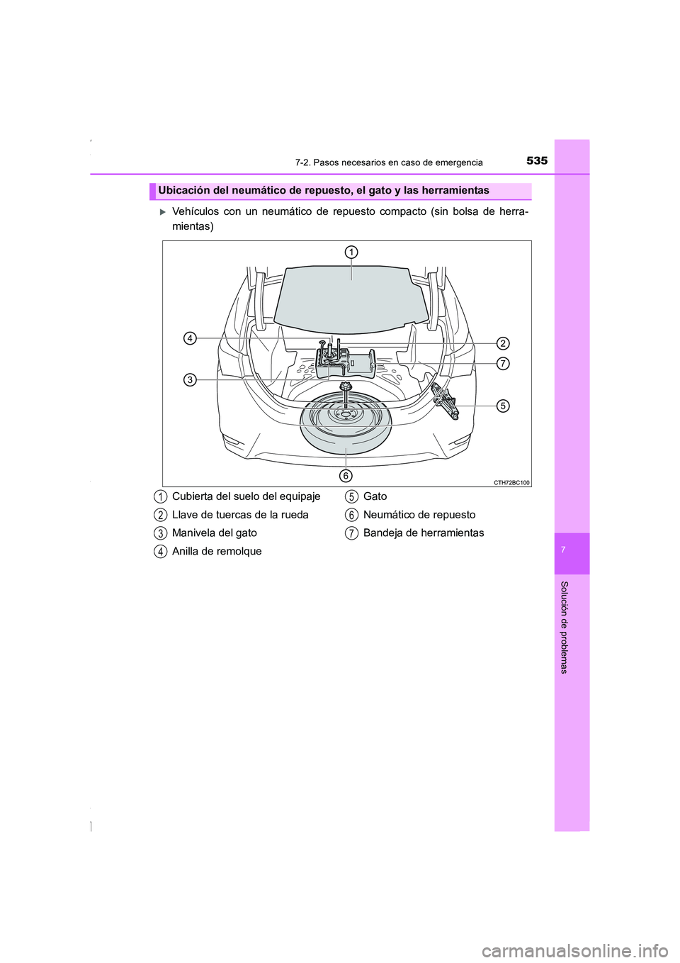 TOYOTA COROLLA 2015  Manual del propietario (in Spanish) 5357-2. Pasos necesarios en caso de emergencia
7
Solución de problemas
COROLLA_TMMT_ES (OM12J77S)
�XVehículos con un neumático de repuesto compacto (sin bolsa de herra-
mientas)
Ubicación del neum