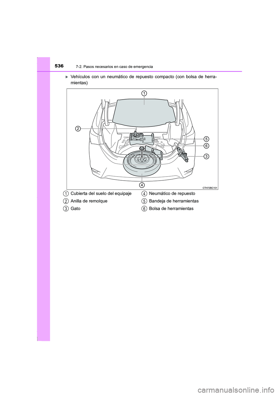 TOYOTA COROLLA 2015  Manual del propietario (in Spanish) 5367-2. Pasos necesarios en caso de emergencia
COROLLA_TMMT_ES (OM12J77S)
�XVehículos con un neumático de repuesto compacto (con bolsa de herra-
mientas)
Cubierta del suelo del equipaje
Anilla de re