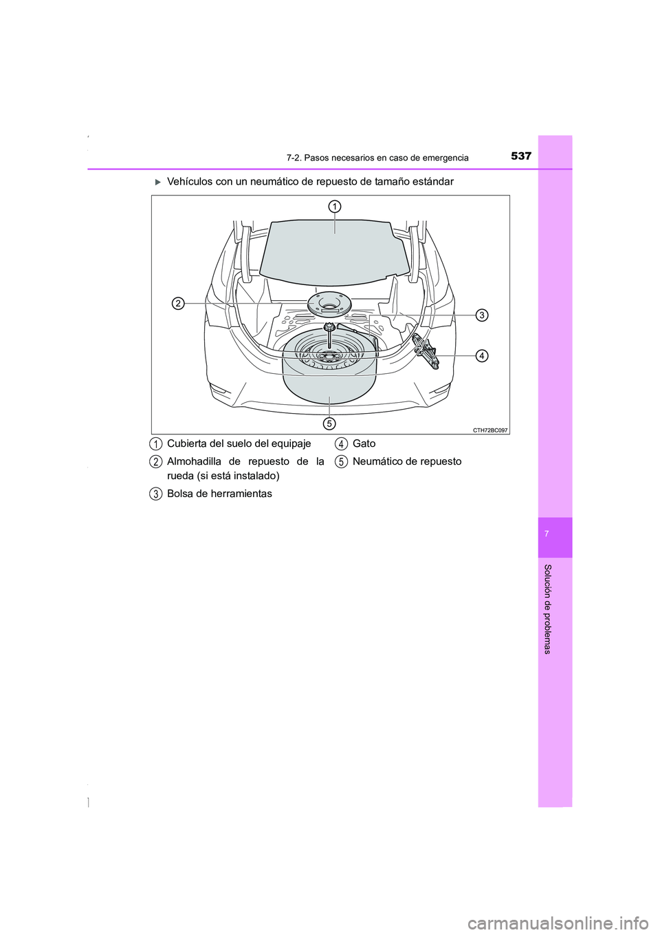 TOYOTA COROLLA 2015  Manual del propietario (in Spanish) 5377-2. Pasos necesarios en caso de emergencia
7
Solución de problemas
COROLLA_TMMT_ES (OM12J77S)
�XVehículos con un neumático de repuesto de tamaño estándar
Cubierta del suelo del equipaje
Almoh