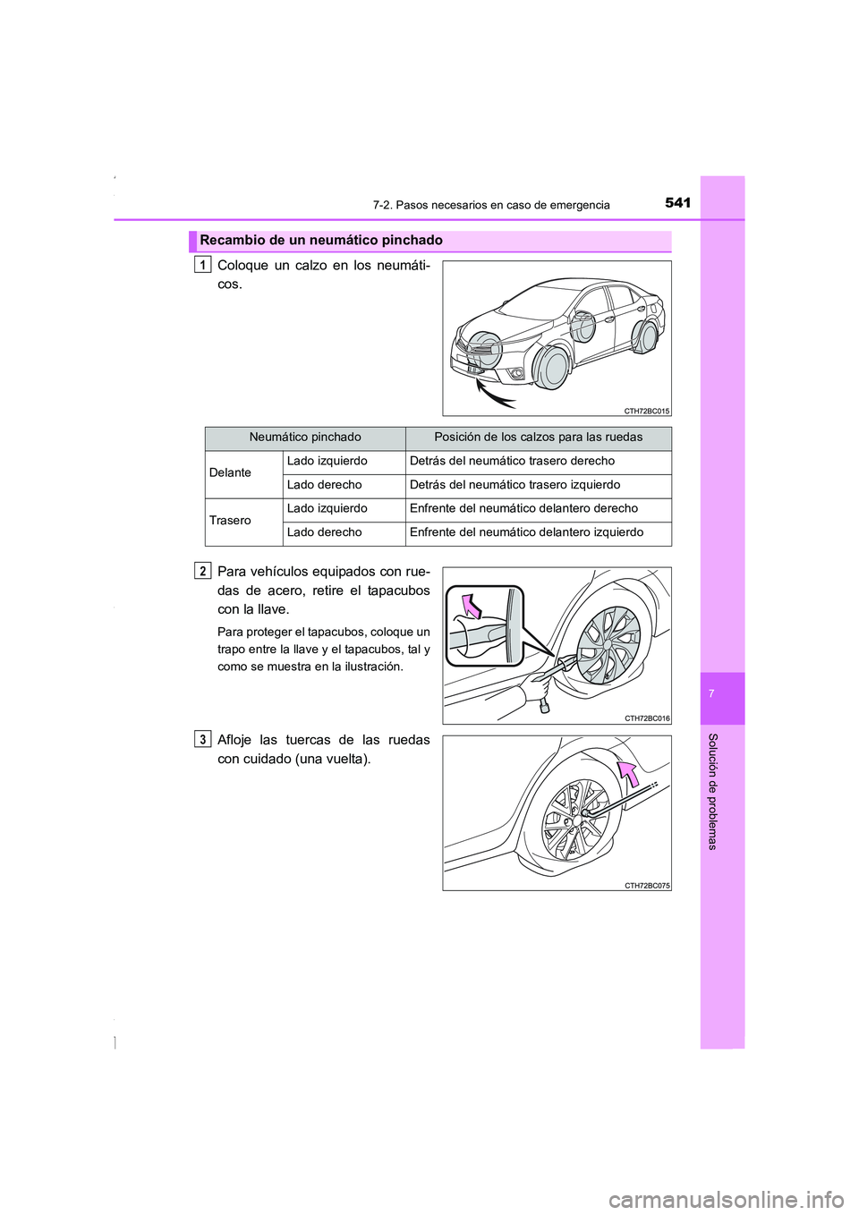 TOYOTA COROLLA 2015  Manual del propietario (in Spanish) 5417-2. Pasos necesarios en caso de emergencia
7
Solución de problemas
COROLLA_TMMT_ES (OM12J77S)
Coloque un calzo en los neumáti-
cos.
Para vehículos equipados con rue-
das de acero, retire el tap