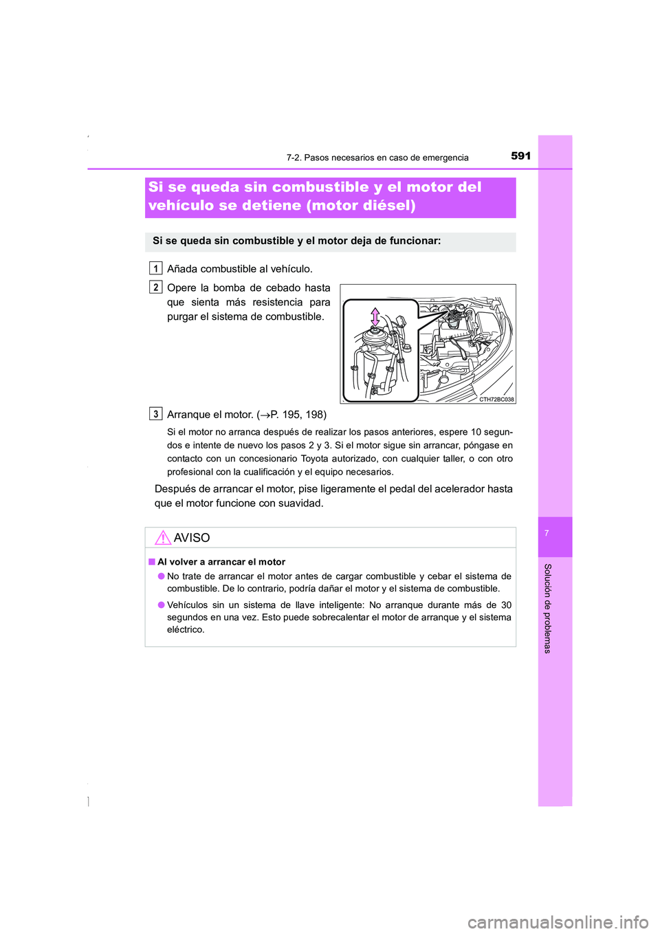TOYOTA COROLLA 2015  Manual del propietario (in Spanish) 5917-2. Pasos necesarios en caso de emergencia
7
Solución de problemas
COROLLA_TMMT_ES (OM12J77S)
Añada combustible al vehículo.
Opere la bomba de cebado hasta
que sienta más resistencia para
purg