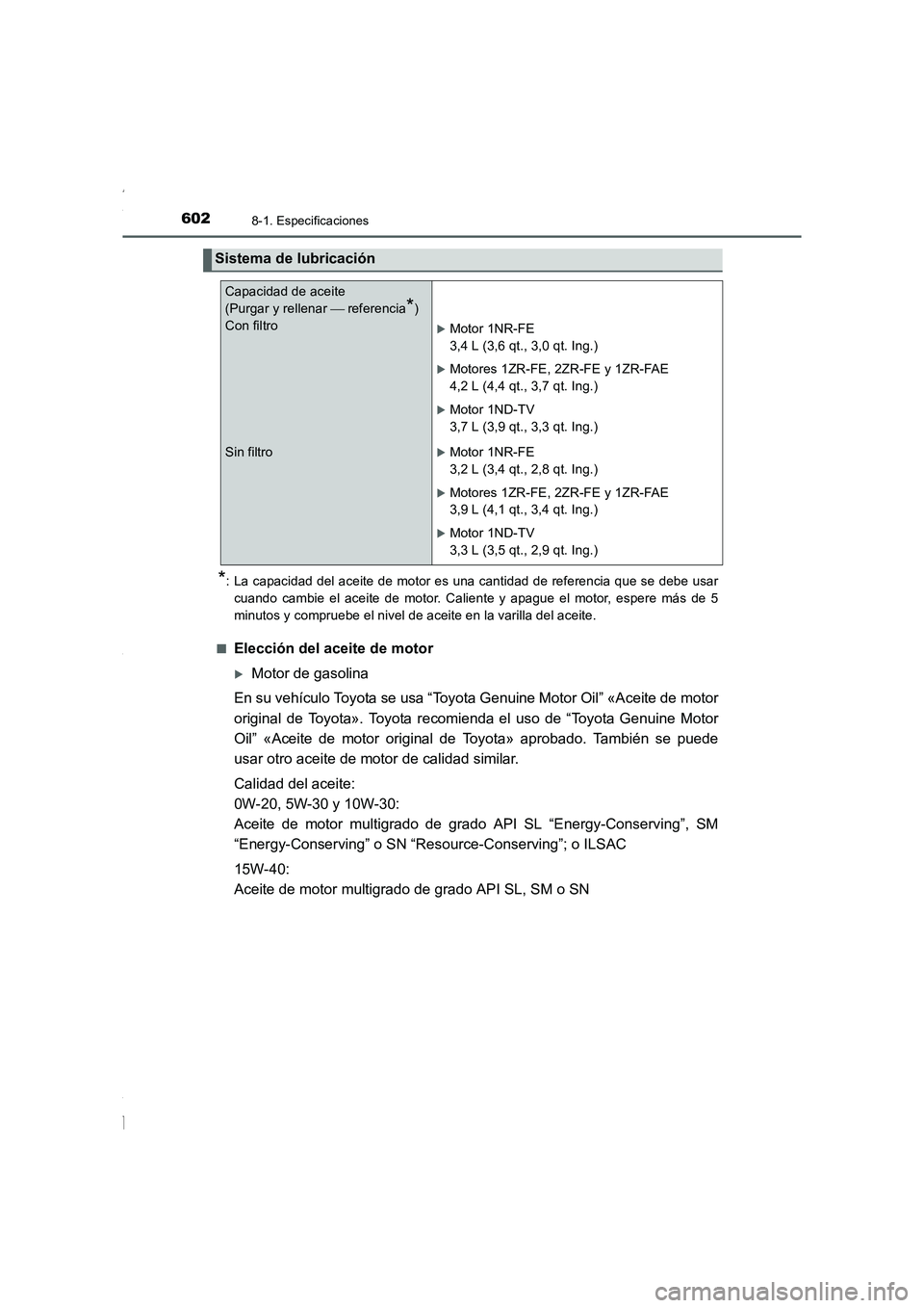 TOYOTA COROLLA 2015  Manual del propietario (in Spanish) 6028-1. Especificaciones
COROLLA_TMMT_ES (OM12J77S)
*: La capacidad del aceite de motor es una cantidad de referencia que se debe usar
cuando cambie el aceite de motor. Caliente y apague el motor, esp