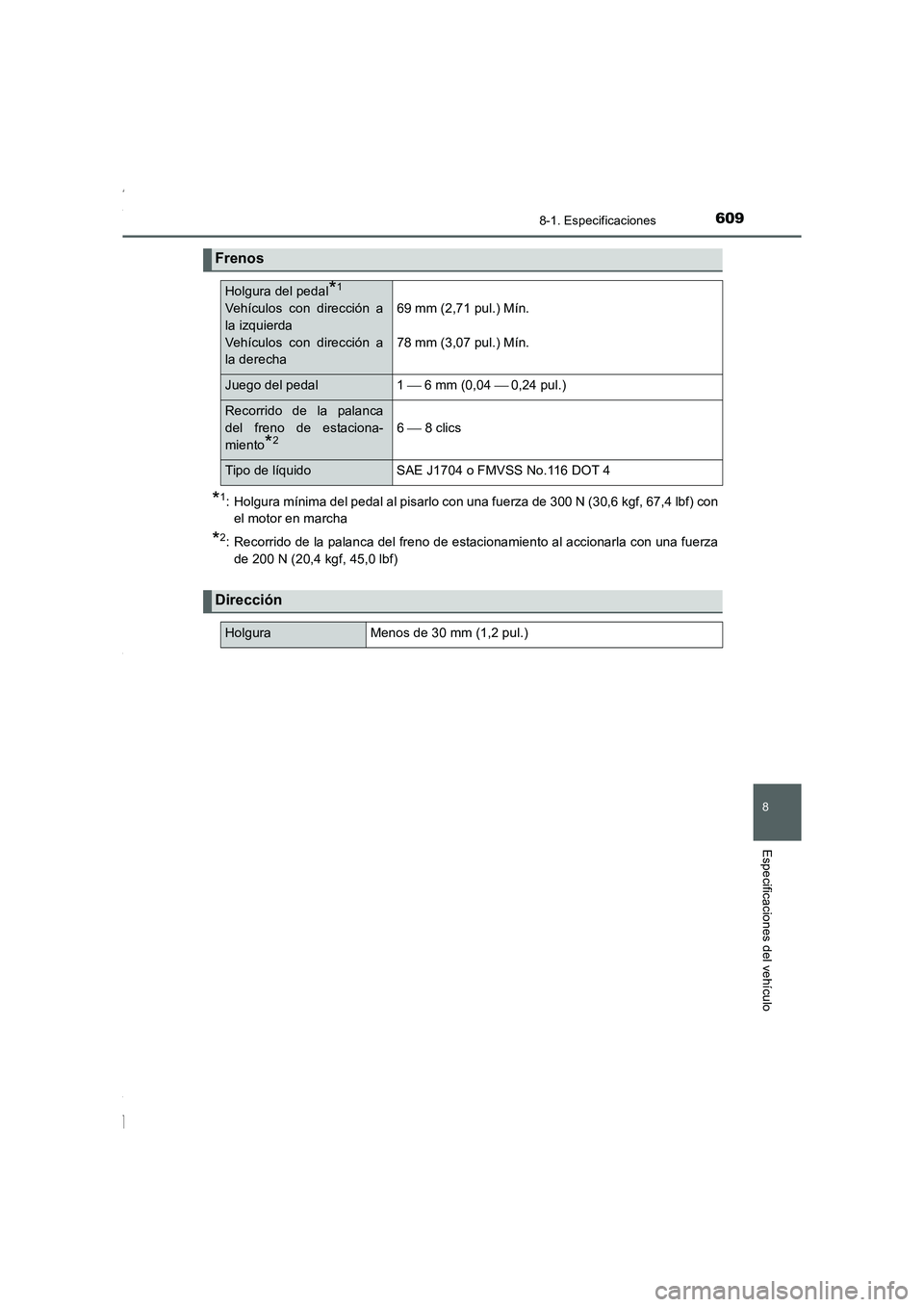 TOYOTA COROLLA 2015  Manual del propietario (in Spanish) 609
8
8-1. Especificaciones
Especificaciones del vehículo
COROLLA_TMMT_ES (OM12J77S)
*1: Holgura mínima del pedal al pisarlo con una fuerza de 300 N (30,6 kgf, 67,4 lbf) con
el motor en marcha
*2: R