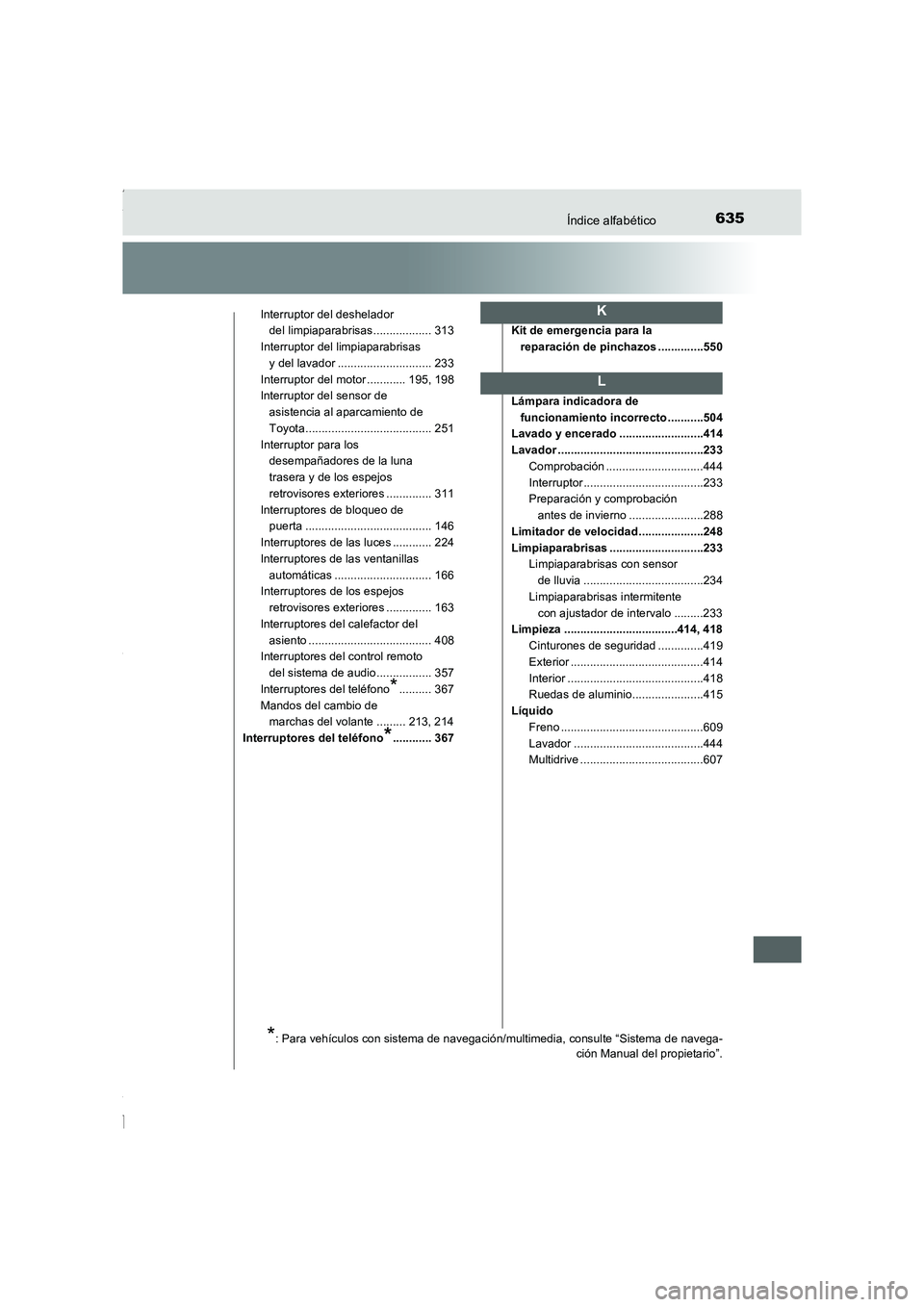 TOYOTA COROLLA 2015 Manual del propietario (in Spanish) 635Índice alfabético
COROLLA_TMMT_ES (OM12J77S)
Interruptor del deshelador
del limpiaparabrisas.................. 313
Interruptor del limpiaparabrisas
y del lavador ............................. 2 TOYOTA COROLLA 2015 Manual del propietario (in Spanish) 635Índice alfabético
COROLLA_TMMT_ES (OM12J77S)
Interruptor del deshelador
del limpiaparabrisas.................. 313
Interruptor del limpiaparabrisas
y del lavador ............................. 2