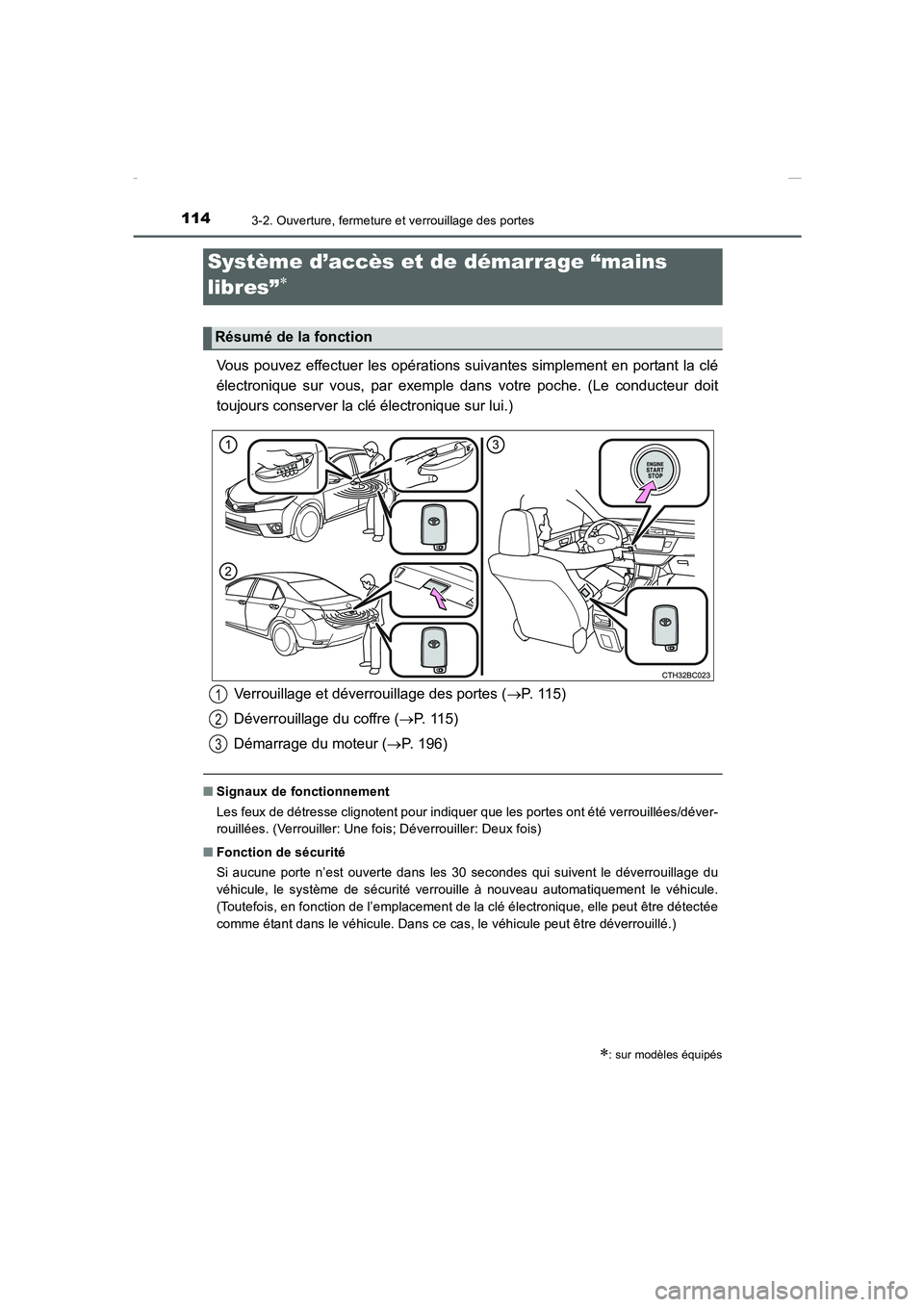 TOYOTA COROLLA 2015  Manuel du propriétaire (in French) 114
COROLLA_TMMT_EK (OM12J75K)
3-2. Ouverture, fermeture et verrouillage des portes
Vous pouvez effectuer les opérations suivantes simplement en portant la clé
électronique sur vous, par exemple da