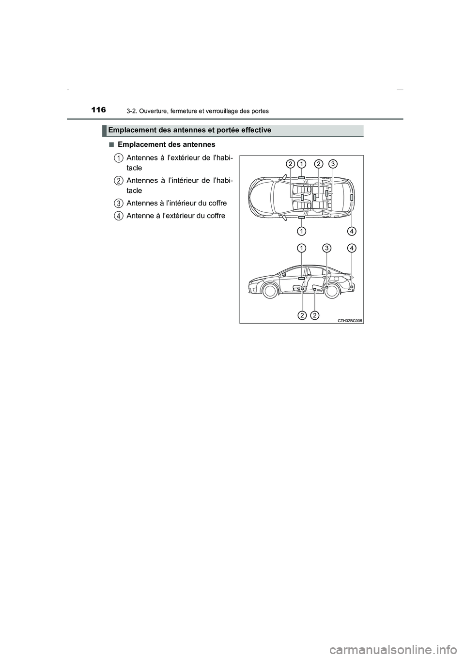 TOYOTA COROLLA 2015  Manuel du propriétaire (in French) 1163-2. Ouverture, fermeture et verrouillage des portes
COROLLA_TMMT_EK (OM12J75K)■
Emplacement des antennes
Antennes à l’extérieur de l’habi-
tacle
Antennes à l’intérieur de l’habi-
tac