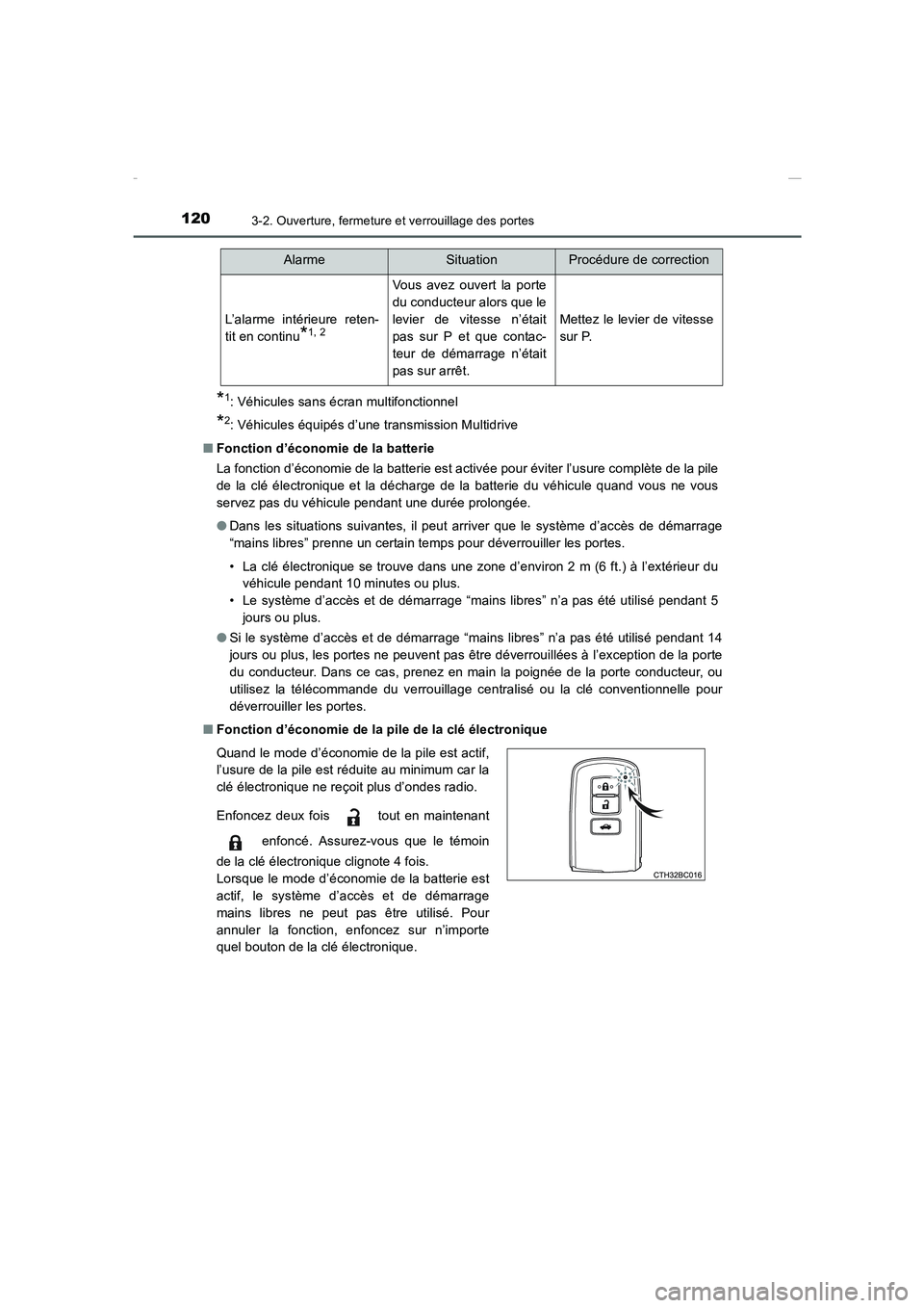 TOYOTA COROLLA 2015  Manuel du propriétaire (in French) 1203-2. Ouverture, fermeture et verrouillage des portes
COROLLA_TMMT_EK (OM12J75K)
*1: Véhicules sans écran multifonctionnel
*2: Véhicules équipés d’une transmission Multidrive
■Fonction d’