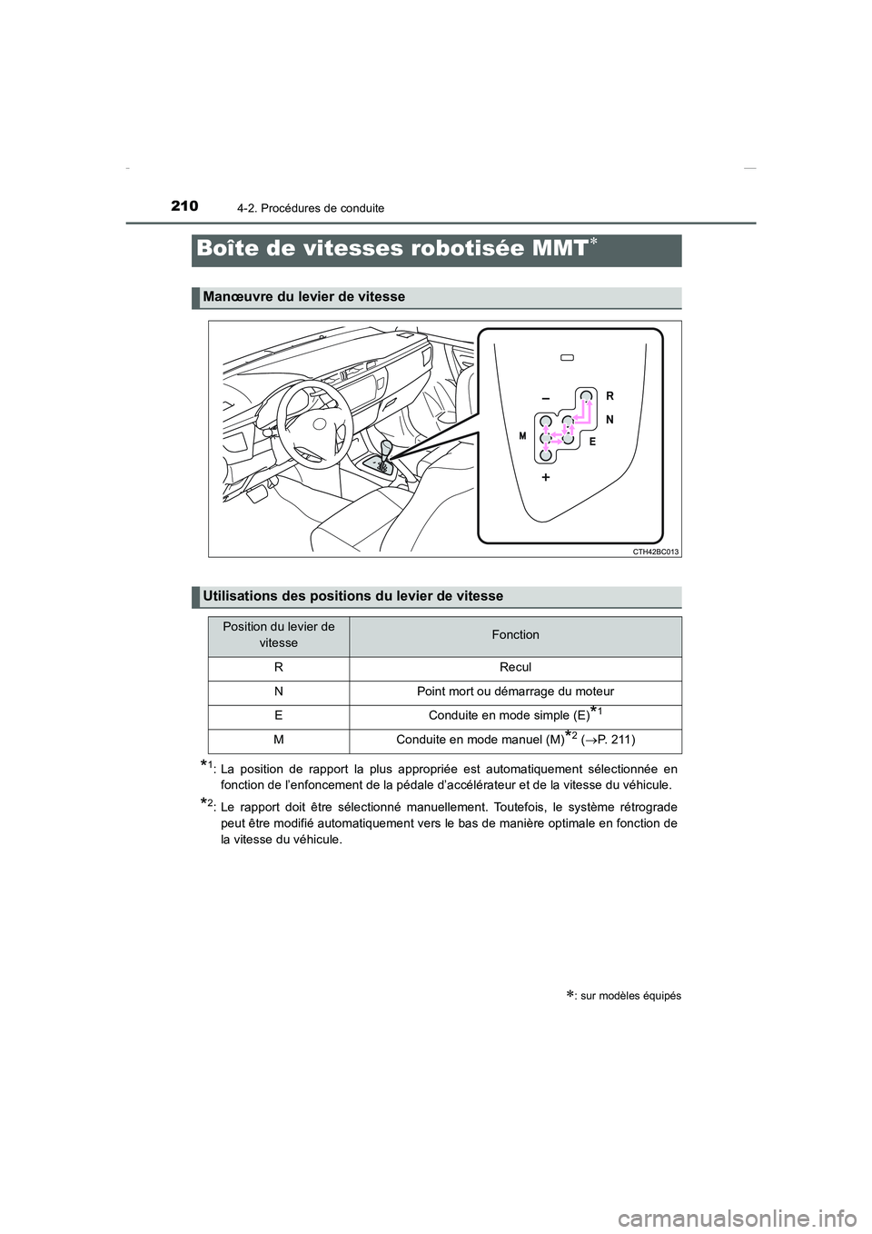 TOYOTA COROLLA 2015  Manuel du propriétaire (in French) 2104-2. Procédures de conduite
COROLLA_TMMT_EK (OM12J75K)
*1: La position de rapport la plus appropriée est automatiquement sélectionnée en
fonction de l’enfoncement de la pédale d’accéléra