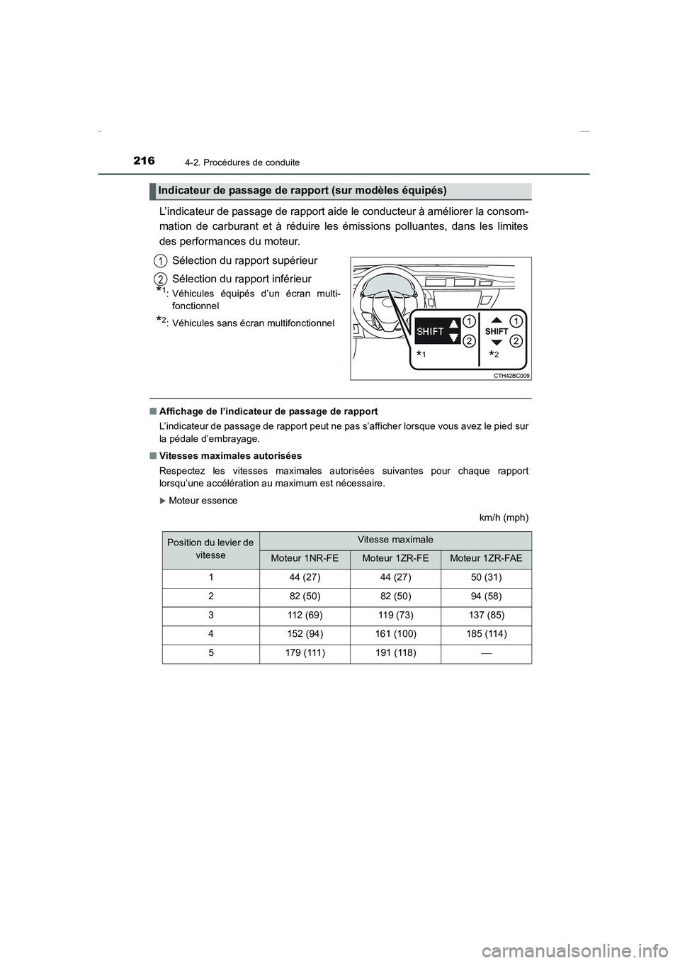TOYOTA COROLLA 2015  Manuel du propriétaire (in French) 2164-2. Procédures de conduite
COROLLA_TMMT_EK (OM12J75K)
L’indicateur de passage de rapport aide le conducteur à améliorer la consom-
mation de carburant et à réduire les émissions polluantes