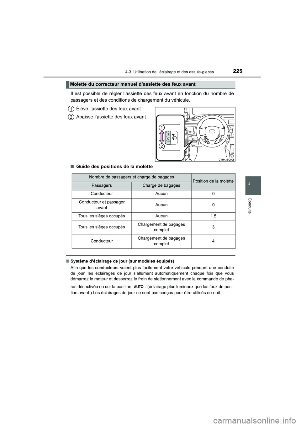TOYOTA COROLLA 2015  Manuel du propriétaire (in French) 2254-3. Utilisation de l’éclairage et des essuie-glaces
4
Conduite
COROLLA_TMMT_EK (OM12J75K)
Il est possible de régler l’assiette des feux avant en fonction du nombre de
passagers et des condit