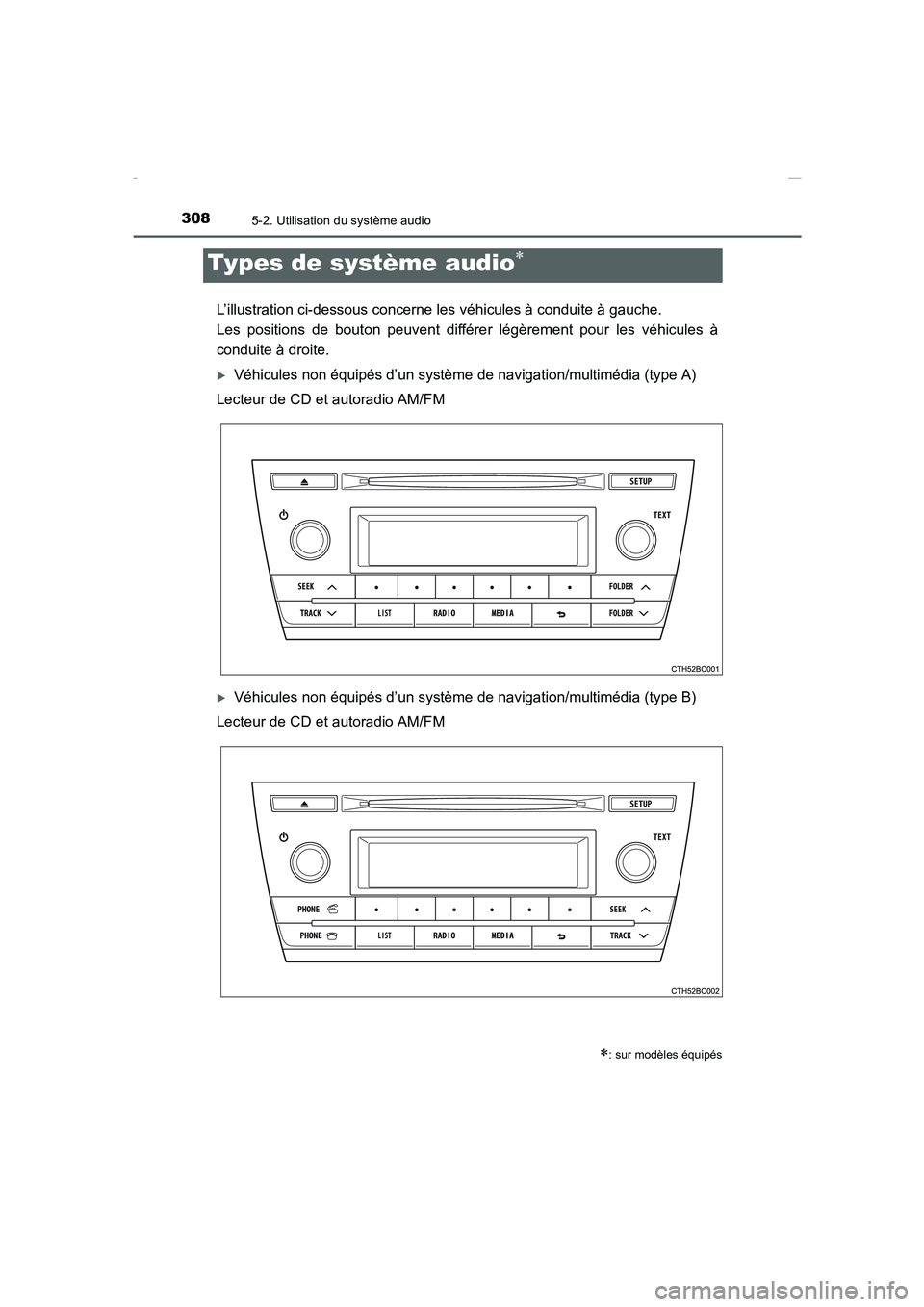 TOYOTA COROLLA 2015  Manuel du propriétaire (in French) 308
COROLLA_TMMT_EK (OM12J75K)
5-2. Utilisation du système audio
L’illustration ci-dessous concerne les véhicules à conduite à gauche. 
Les positions de bouton peuvent différer légèrement pou