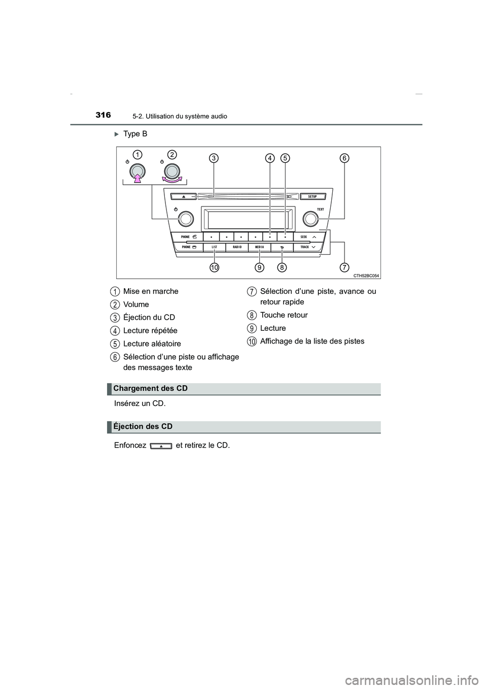 TOYOTA COROLLA 2015  Manuel du propriétaire (in French) 3165-2. Utilisation du système audio
COROLLA_TMMT_EK (OM12J75K)
�XType B
Insérez un CD.
Enfoncez   et retirez le CD.Mise en marche
Volume
Éjection du CD
Lecture répétée
Lecture aléatoire
Sélec