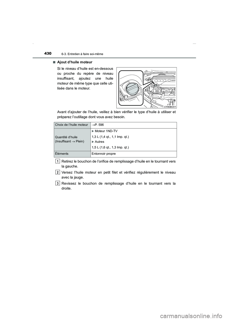 TOYOTA COROLLA 2015  Manuel du propriétaire (in French) 4306-3. Entretien à faire soi-même
COROLLA_TMMT_EK (OM12J75K)■
Ajout d’huile moteur
Si le niveau d’huile est en-dessous
ou proche du repère de niveau
insuffisant, ajoutez une huile
moteur de 