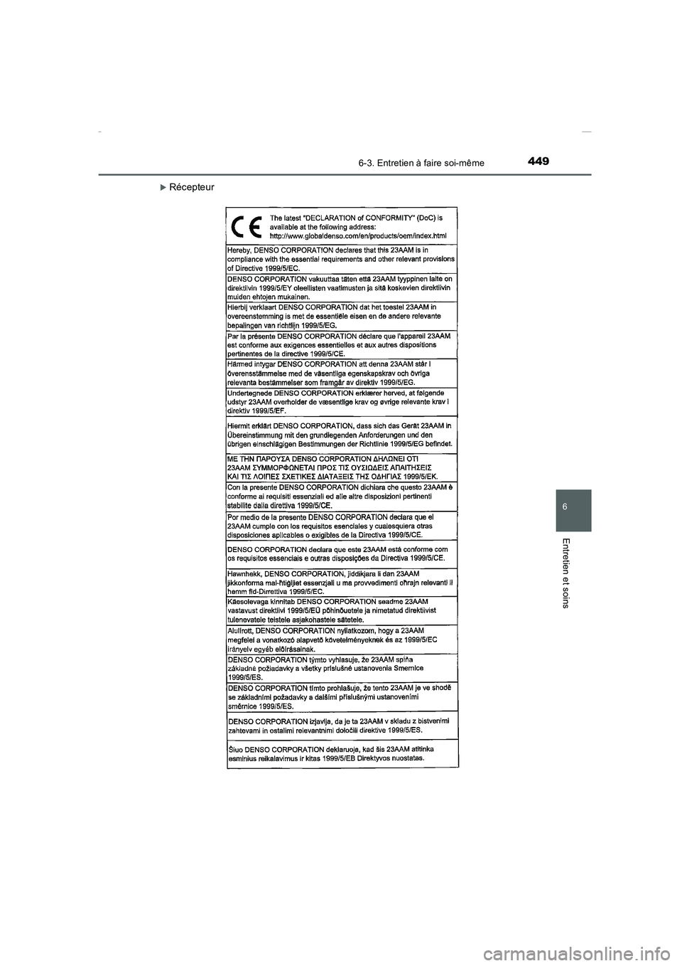 TOYOTA COROLLA 2015  Manuel du propriétaire (in French) 4496-3. Entretien à faire soi-même
6
Entretien et soins
COROLLA_TMMT_EK (OM12J75K)
�XRécepteur
Corolla TMMT_OM_EK_OM12J75K.book  449 ページ  ２０１５年２月２日　月曜日　午後５