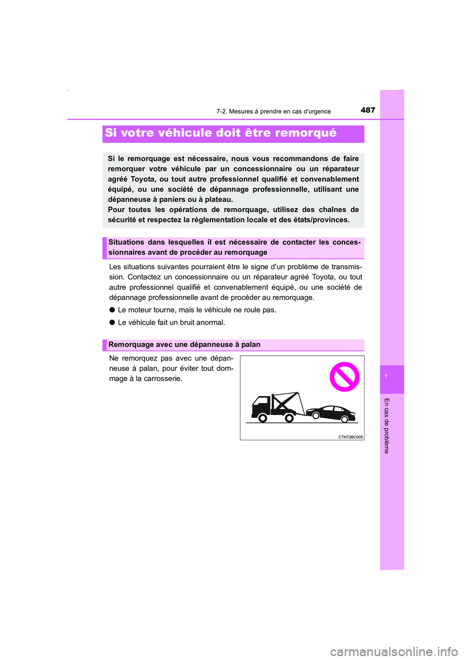 TOYOTA COROLLA 2015 Manuel du propriétaire (in French) 487
7
En cas de problème
COROLLA_TMMT_EK (OM12J75K)
7-2. Mesures à prendre en cas d’urgence
Les situations suivantes pourraient être le signe d’un problème de transmis-
sion. Contactez un conc TOYOTA COROLLA 2015 Manuel du propriétaire (in French) 487
7
En cas de problème
COROLLA_TMMT_EK (OM12J75K)
7-2. Mesures à prendre en cas d’urgence
Les situations suivantes pourraient être le signe d’un problème de transmis-
sion. Contactez un conc