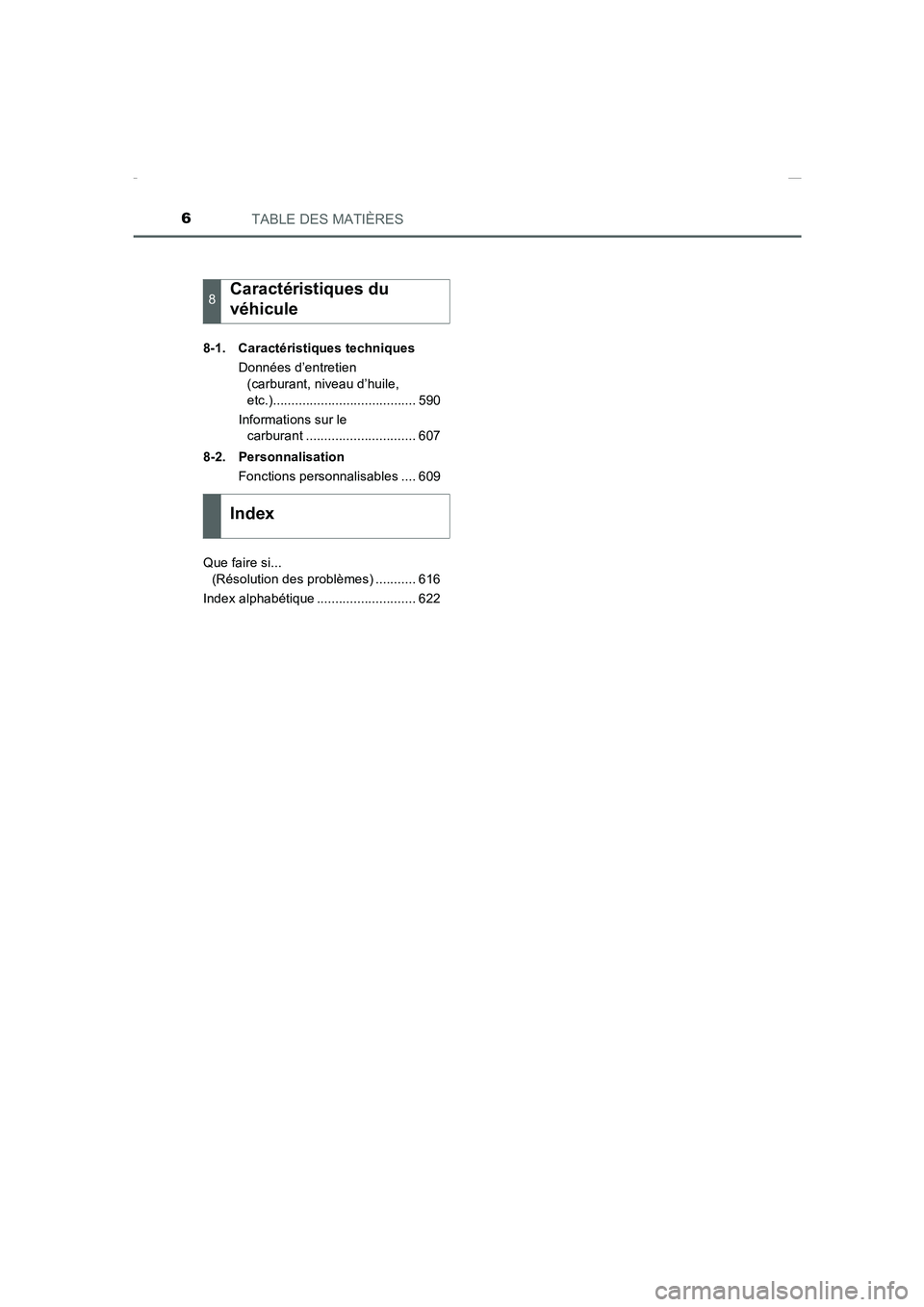 TOYOTA COROLLA 2015  Manuel du propriétaire (in French) TABLE DES MATIÈRES6
COROLLA_TMMT_EK (OM12J75K)8-1. Caractéristiques techniques
Données d’entretien 
(carburant, niveau d’huile, 
etc.)....................................... 590
Informations su