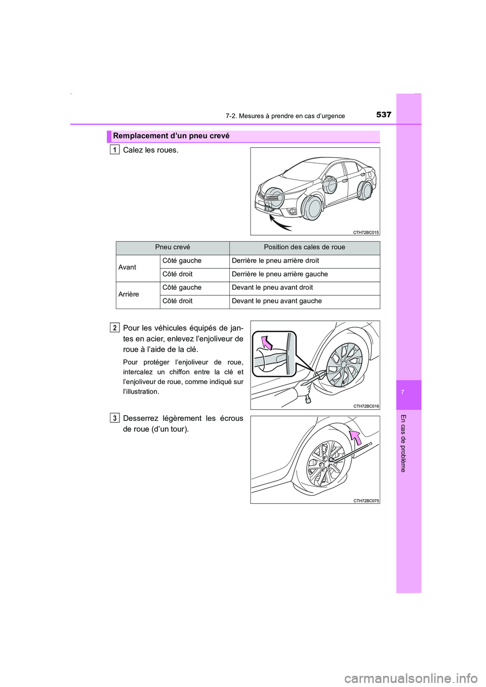 TOYOTA COROLLA 2015  Manuel du propriétaire (in French) 5377-2. Mesures à prendre en cas d’urgence
7
En cas de problème
COROLLA_TMMT_EK (OM12J75K)
Calez les roues.
Pour les véhicules équipés de jan-
tes en acier, enlevez l’enjoliveur de
roue à l