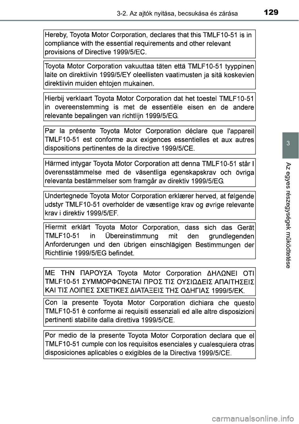 TOYOTA COROLLA 2015  Kezelési útmutató (in Hungarian) 1293-2. Az ajtók nyitása, becsukása és zárása
3
Az egyes részegységek működtetése 