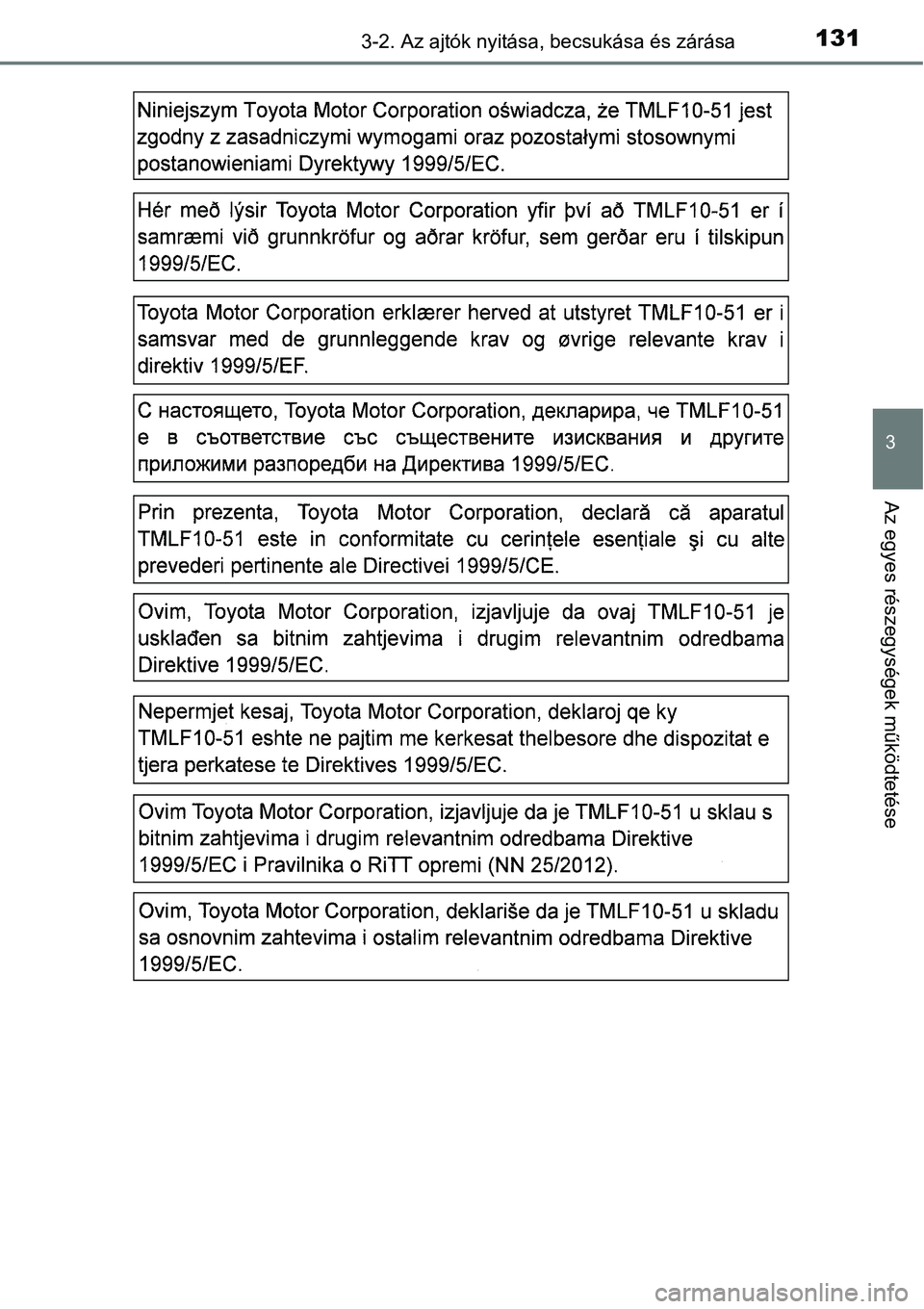TOYOTA COROLLA 2015  Kezelési útmutató (in Hungarian) 1313-2. Az ajtók nyitása, becsukása és zárása
3
Az egyes részegységek működtetése 