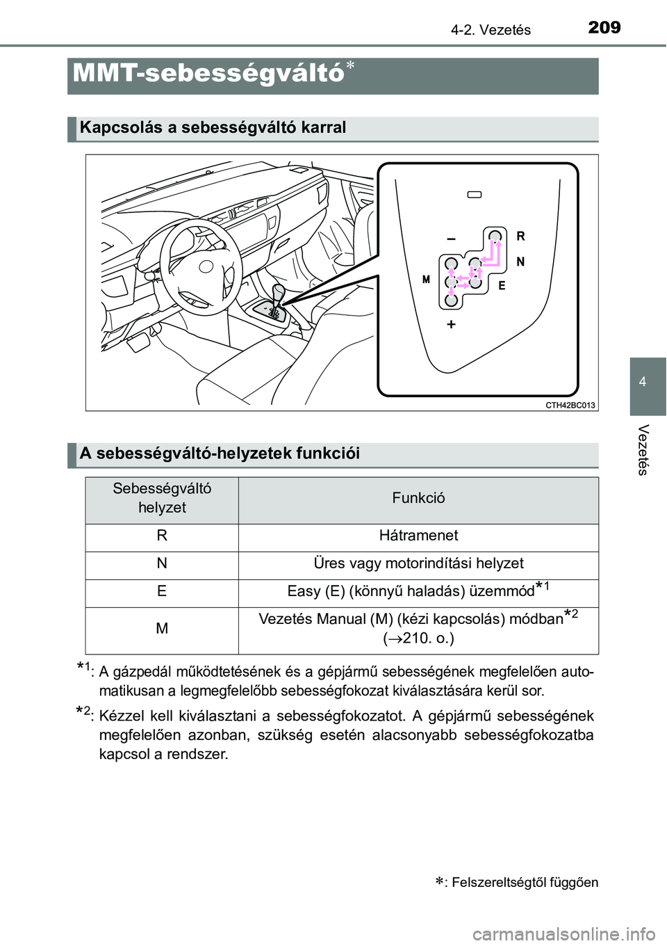 TOYOTA COROLLA 2015  Kezelési útmutató (in Hungarian) 2094-2. Vezetés
4
Vezetés
*1: A gázpedál működtetésének és a gépjármű sebességének megfelelően auto-
matikusan a legmegfelelőbb sebességfokozat kiválasztására kerül sor.
*2: Kézz