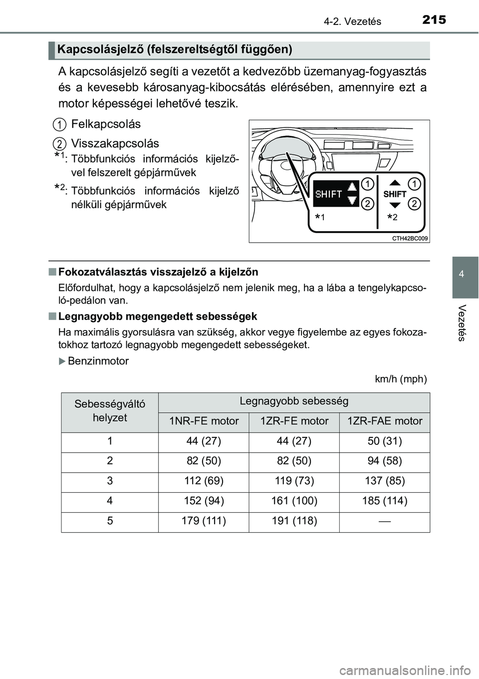TOYOTA COROLLA 2015  Kezelési útmutató (in Hungarian) 2154-2. Vezetés
4
Vezetés
A kapcsolásjelző segíti a vezetőt a kedvezőbb üzemanyag-fogyasztás
és a kevesebb károsanyag-kibocsátás elérésében, amennyire ezt a
motor képességei lehetőv