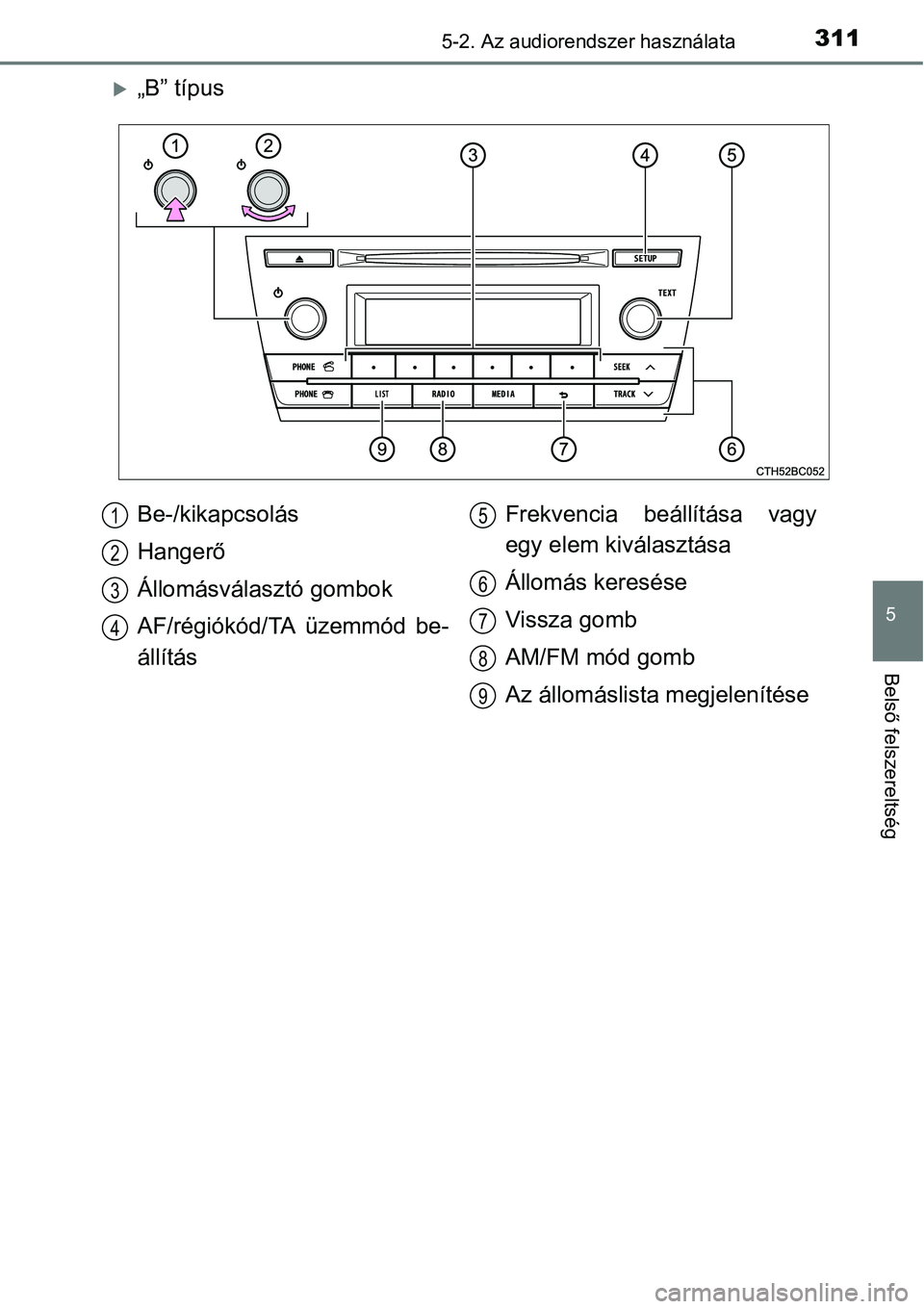 TOYOTA COROLLA 2015  Kezelési útmutató (in Hungarian) 3115-2. Az audiorendszer használata
5
Belső felszereltség
„B” típus
Be-/kikapcsolás
Hangerő
Állomásválasztó gombok
AF/régiókód/TA üzemmód be-
állításFrekvencia beállítása v