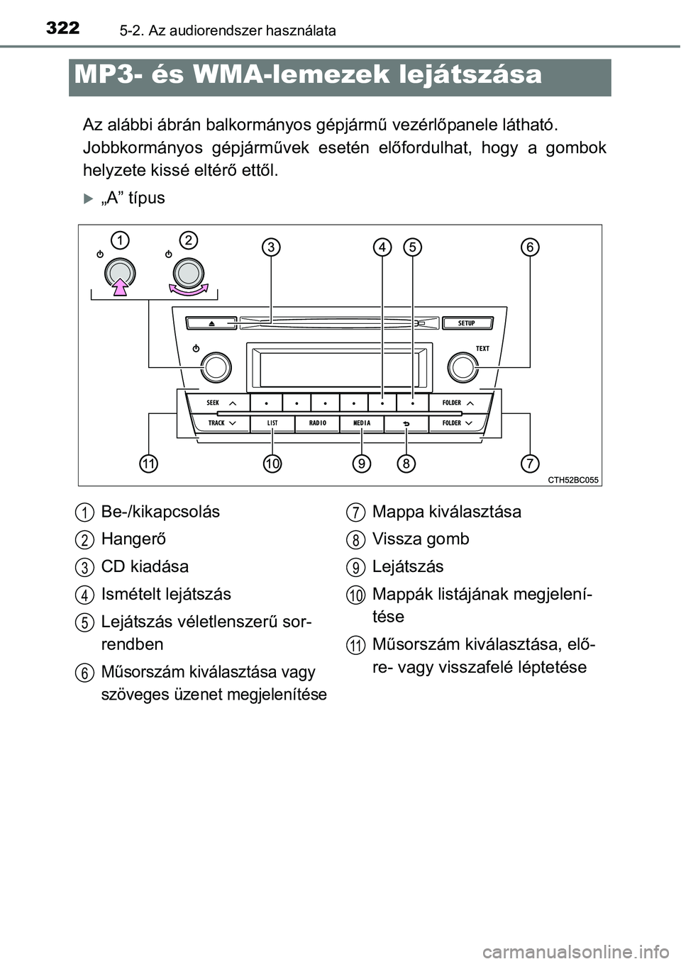 TOYOTA COROLLA 2015 Kezelési útmutató (in Hungarian) 3225-2. Az audiorendszer használata
Az alábbi ábrán balkormányos gépjármű vezérlőpanele látható.
Jobbkormányos gépjárművek esetén előfordulhat, hogy a gombok
helyzete kissé eltér TOYOTA COROLLA 2015 Kezelési útmutató (in Hungarian) 3225-2. Az audiorendszer használata
Az alábbi ábrán balkormányos gépjármű vezérlőpanele látható.
Jobbkormányos gépjárművek esetén előfordulhat, hogy a gombok
helyzete kissé eltér