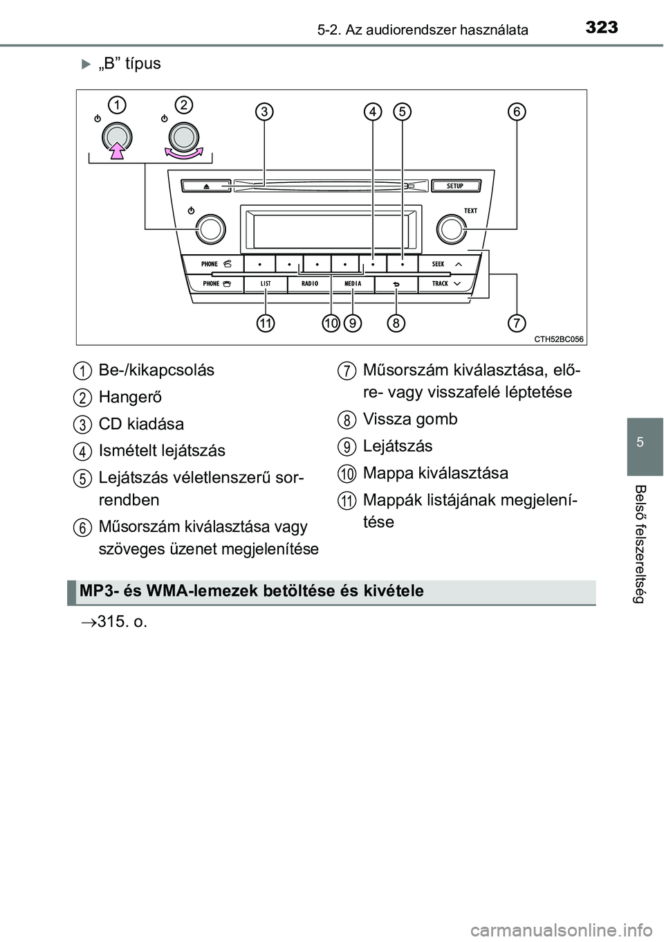 TOYOTA COROLLA 2015 Kezelési útmutató (in Hungarian) 3235-2. Az audiorendszer használata
5
Belső felszereltség
„B” típus
315. o.Be-/kikapcsolás
Hangerő
CD kiadása
Ismételt lejátszás
Lejátszás véletlenszerű sor-
rendben
Műsorszá TOYOTA COROLLA 2015 Kezelési útmutató (in Hungarian) 3235-2. Az audiorendszer használata
5
Belső felszereltség
„B” típus
315. o.Be-/kikapcsolás
Hangerő
CD kiadása
Ismételt lejátszás
Lejátszás véletlenszerű sor-
rendben
Műsorszá