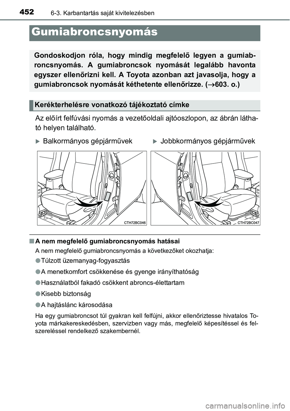 TOYOTA COROLLA 2015 Kezelési útmutató (in Hungarian) 4526-3. Karbantartás saját kivitelezésben
Az előírt felfúvási nyomás a vezetőoldali ajtóoszlopon, az ábrán látha-
tó helyen található.
nA nem megfelelő gumiabroncsnyomás hatásai
A n TOYOTA COROLLA 2015 Kezelési útmutató (in Hungarian) 4526-3. Karbantartás saját kivitelezésben
Az előírt felfúvási nyomás a vezetőoldali ajtóoszlopon, az ábrán látha-
tó helyen található.
nA nem megfelelő gumiabroncsnyomás hatásai
A n