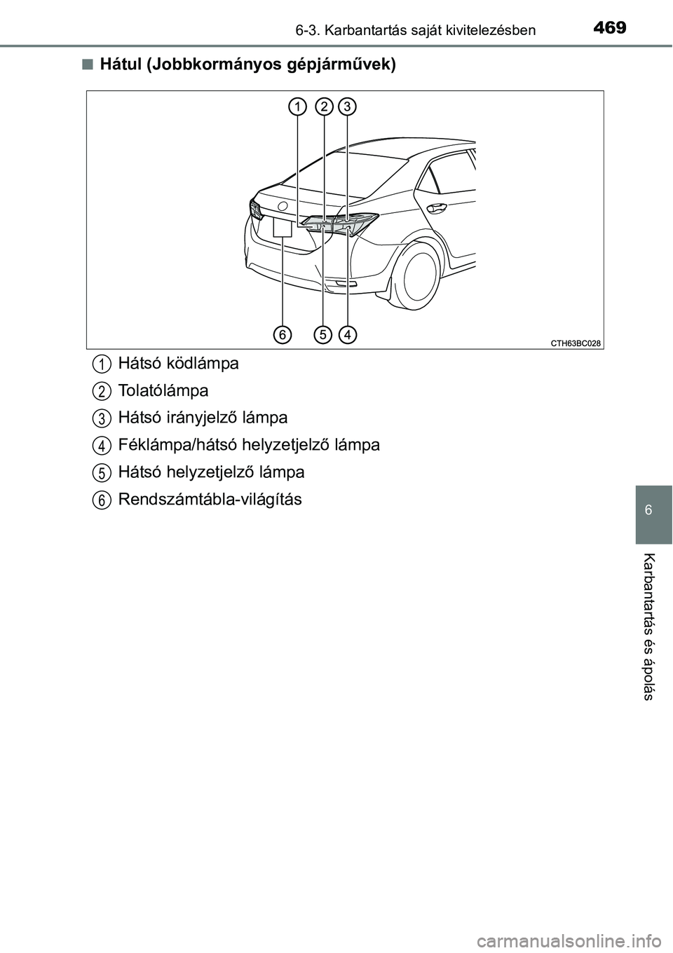 TOYOTA COROLLA 2015  Kezelési útmutató (in Hungarian) 4696-3. Karbantartás saját kivitelezésben
6
Karbantartás és ápolás
nHátul (Jobbkormányos gépjárművek)
Hátsó ködlámpa
Tolatólámpa
Hátsó irányjelző lámpa
Féklámpa/hátsó helyze