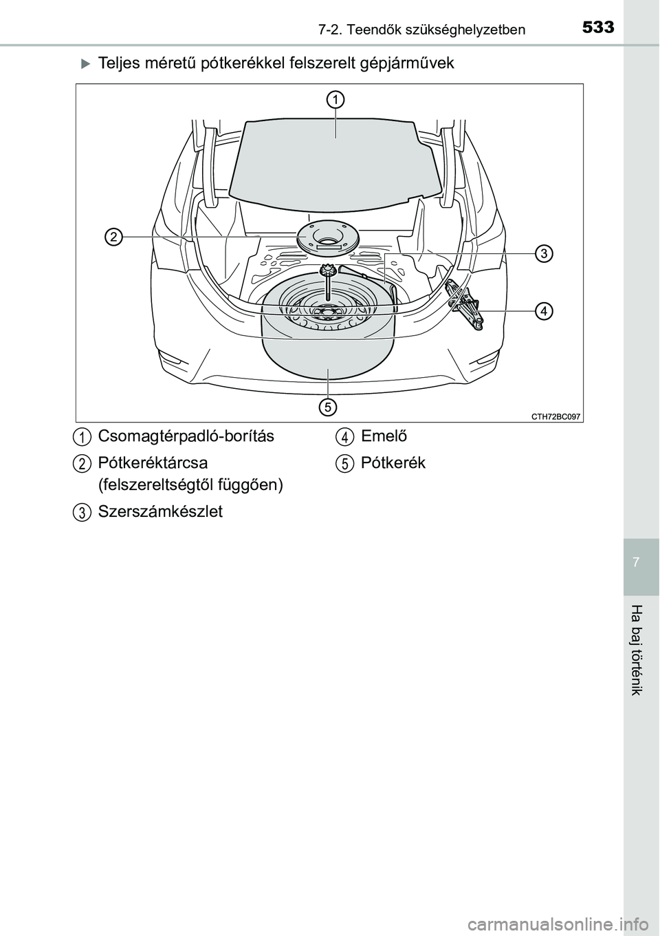 TOYOTA COROLLA 2015  Kezelési útmutató (in Hungarian) 5337-2. Teendők szükséghelyzetben
7
Ha baj történik
Teljes méretű pótkerékkel felszerelt gépjárművek
Csomagtérpadló-borítás
Pótkeréktárcsa 
(felszereltségtől függően)
Szersz