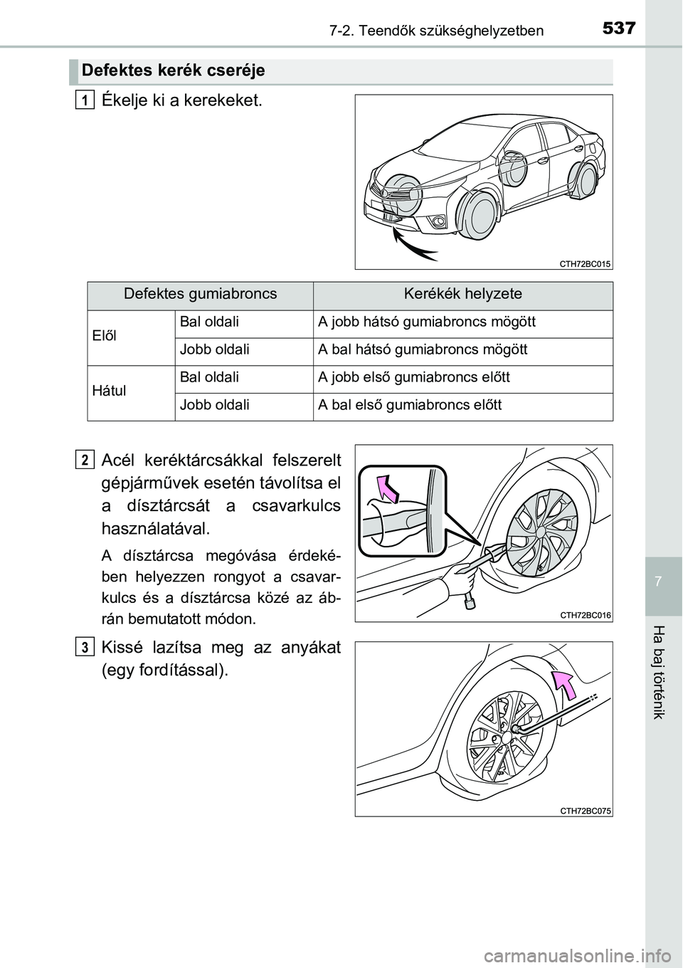 TOYOTA COROLLA 2015  Kezelési útmutató (in Hungarian) 5377-2. Teendők szükséghelyzetben
7
Ha baj történik
Ékelje ki a kerekeket.
Acél keréktárcsákkal felszerelt
gépjárművek esetén távolítsa el
a dísztárcsát a csavarkulcs
használatáva