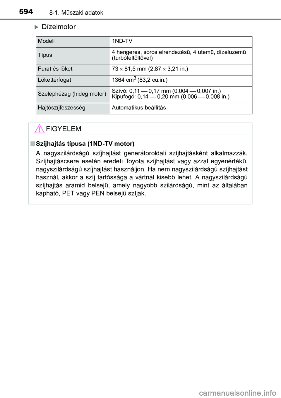 TOYOTA COROLLA 2015 Kezelési útmutató (in Hungarian) 5948-1. Műszaki adatok
Dízelmotor
Modell 1ND-TV
Típus4 hengeres, soros elrendezésű, 4 ütemű, dízelüzemű
(turbófeltöltővel)
Furat és löket 73 81,5 mm (2,87 3,21 in.)
Lökett TOYOTA COROLLA 2015 Kezelési útmutató (in Hungarian) 5948-1. Műszaki adatok
Dízelmotor
Modell 1ND-TV
Típus4 hengeres, soros elrendezésű, 4 ütemű, dízelüzemű
(turbófeltöltővel)
Furat és löket 73 81,5 mm (2,87 3,21 in.)
Lökett