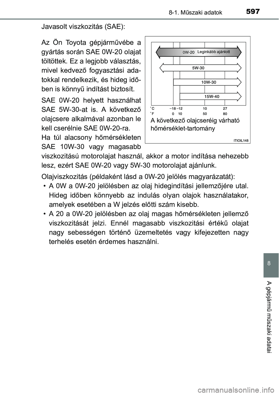 TOYOTA COROLLA 2015 Kezelési útmutató (in Hungarian) 5978-1. Műszaki adatok
8
A gépjármű műszaki adatai
Javasolt viszkozitás (SAE):
Az Ön Toyota gépjárművébe a
gyártás során SAE 0W-20 olajat
töltöttek. Ez a legjobb választás,
mivel ked TOYOTA COROLLA 2015 Kezelési útmutató (in Hungarian) 5978-1. Műszaki adatok
8
A gépjármű műszaki adatai
Javasolt viszkozitás (SAE):
Az Ön Toyota gépjárművébe a
gyártás során SAE 0W-20 olajat
töltöttek. Ez a legjobb választás,
mivel ked