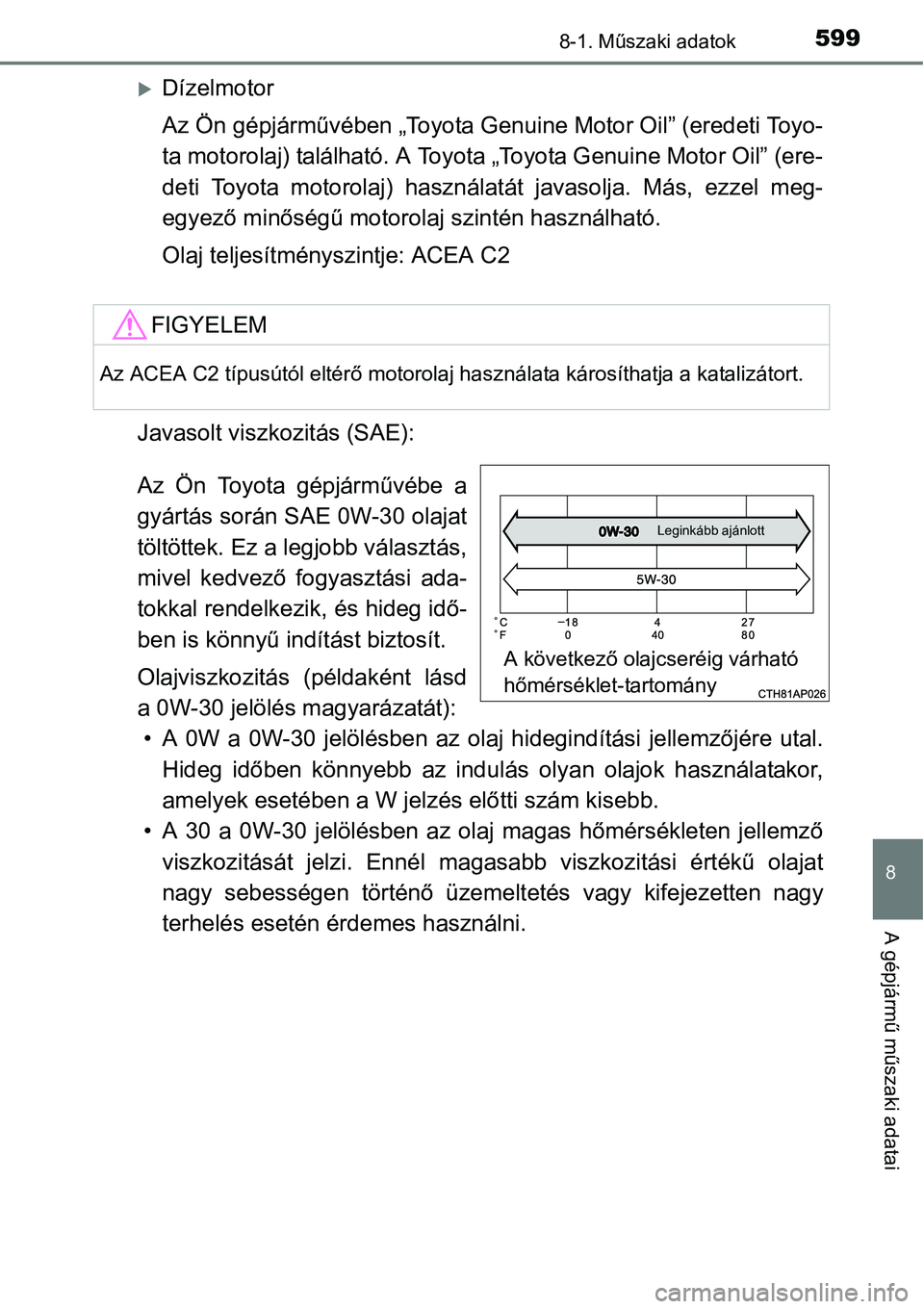 TOYOTA COROLLA 2015 Kezelési útmutató (in Hungarian) 5998-1. Műszaki adatok
8
A gépjármű műszaki adatai
Dízelmotor
Az Ön gépjárművében „Toyota Genuine Motor Oil” (eredeti Toyo-
ta motorolaj) található. A Toyota „Toyota Genuine Moto TOYOTA COROLLA 2015 Kezelési útmutató (in Hungarian) 5998-1. Műszaki adatok
8
A gépjármű műszaki adatai
Dízelmotor
Az Ön gépjárművében „Toyota Genuine Motor Oil” (eredeti Toyo-
ta motorolaj) található. A Toyota „Toyota Genuine Moto