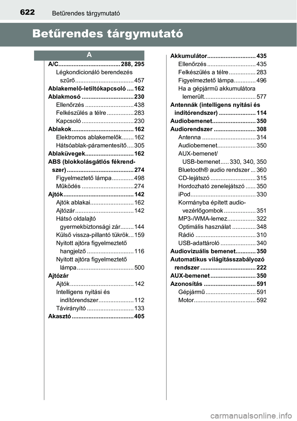 TOYOTA COROLLA 2015  Kezelési útmutató (in Hungarian) 622Betűrendes tárgymutató
Betűrendes tárgymutató
A/C..................................... 288, 295
Légkondicionáló berendezés 
szűrő................................... 457
Ablakemelő-leti