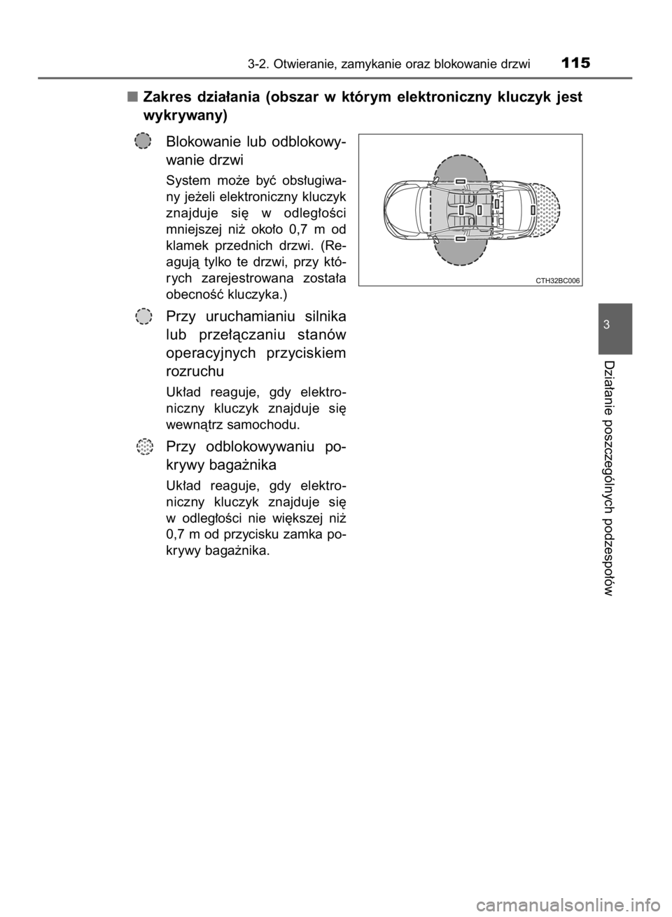 TOYOTA COROLLA 2015  Instrukcja obsługi (in Polish) Zakres  dzia∏ania  (obszar  w którym  elektroniczny  kluczyk  jest
wykrywany)
Blokowanie  lub  odblokowy-
wanie drzwi
System  mo˝e  byç  obs∏ugiwa-
ny  je˝eli  elektroniczny  kluczyk
znajduje 