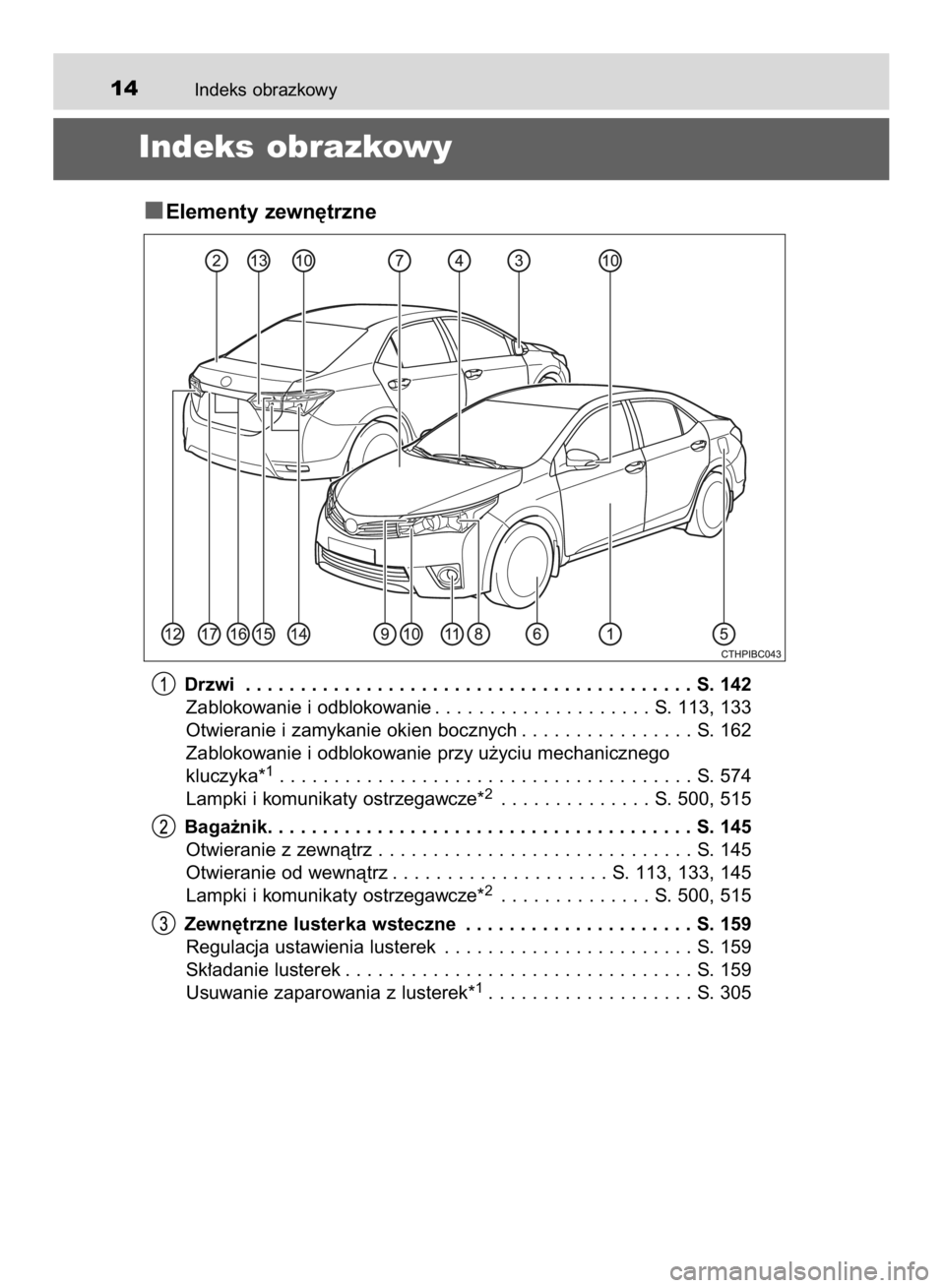 TOYOTA COROLLA 2015 Instrukcja obsługi (in Polish) Indeks obrazkowy14
Indeks obrazkowy
Elementy zewn´trzne
Drzwi . . . . . . . . . . . . . . . . . . . . . . . . . . . . . . . . . . . . . . . . . S. 142
Zablokowanie i odblokowanie . . . . . . . . . . TOYOTA COROLLA 2015 Instrukcja obsługi (in Polish) Indeks obrazkowy14
Indeks obrazkowy
Elementy zewn´trzne
Drzwi . . . . . . . . . . . . . . . . . . . . . . . . . . . . . . . . . . . . . . . . . S. 142
Zablokowanie i odblokowanie . . . . . . . . . .
