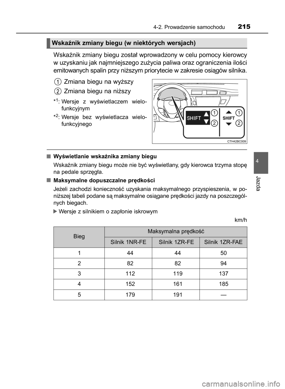 TOYOTA COROLLA 2015  Instrukcja obsługi (in Polish) Wskaênik zmiany biegu zosta∏ wprowadzony w celu pomocy kierowcy
w uzyskaniu jak najmniejszego zu˝ycia paliwa oraz ograniczenia iloÊci
emitowanych spalin przy ni˝szym priorytecie w zakresie osià