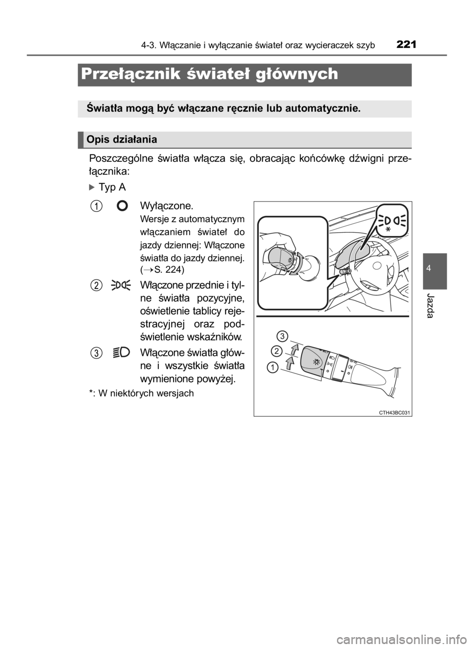 TOYOTA COROLLA 2015  Instrukcja obsługi (in Polish) Poszczególne  Êwiat∏a  w∏àcza  si´,  obracajàc  koƒcówk´  dêwigni  prze-
∏àcznika:
óTyp A
Wy∏àczone.
Wersje z automatycznym
w∏àczaniem  Êwiate∏  do
jazdy dziennej: W∏àczon