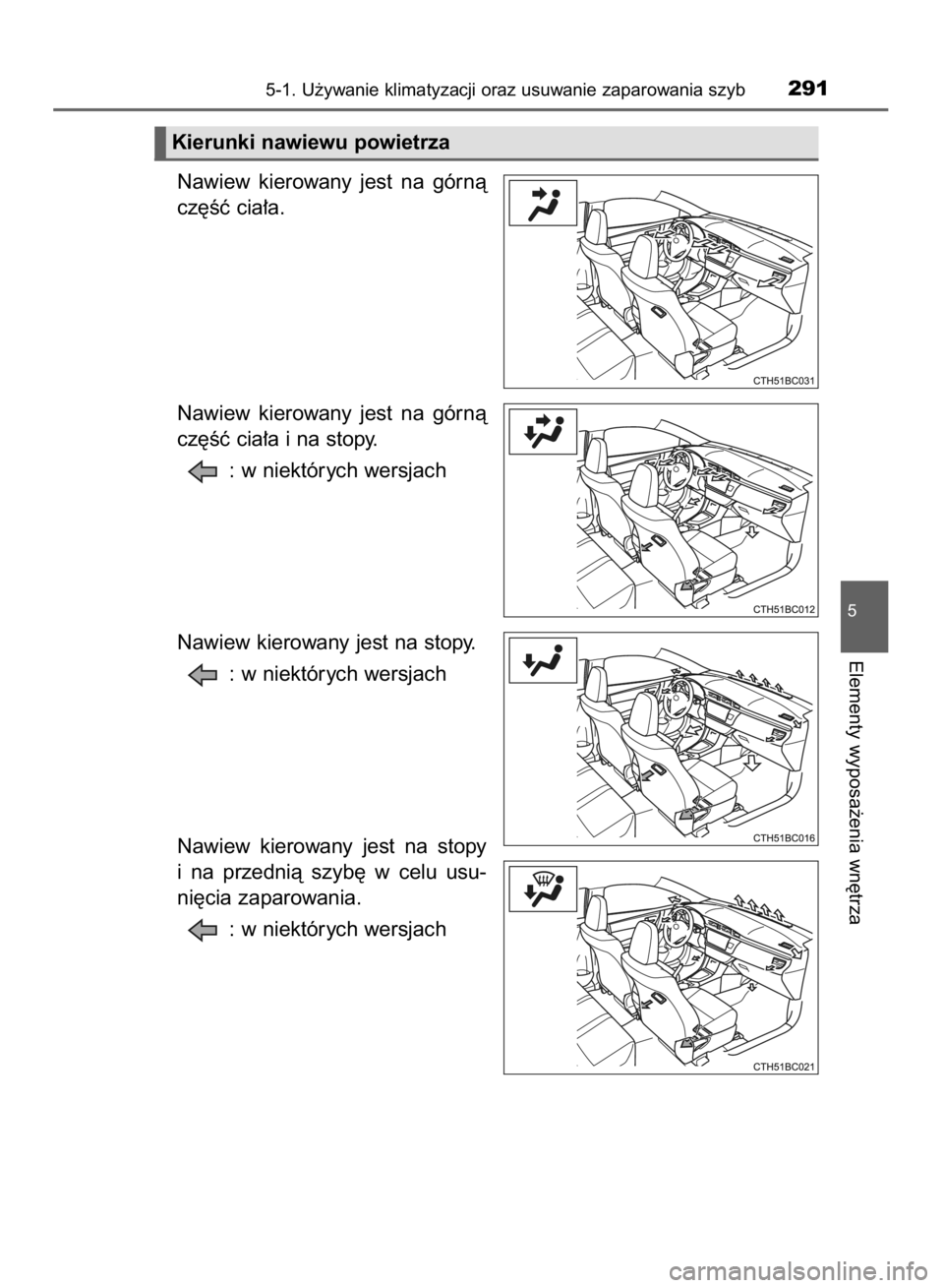 TOYOTA COROLLA 2015 Instrukcja obsługi (in Polish) Nawiew kierowany jest na górnà
cz´Êç cia∏a.
Nawiew kierowany jest na górnà
cz´Êç cia∏a i na stopy.
: w niektórych wersjach
Nawiew kierowany jest na stopy.
: w niektórych wersja TOYOTA COROLLA 2015 Instrukcja obsługi (in Polish) Nawiew kierowany jest na górnà
cz´Êç cia∏a.
Nawiew kierowany jest na górnà
cz´Êç cia∏a i na stopy.
: w niektórych wersjach
Nawiew kierowany jest na stopy.
: w niektórych wersja