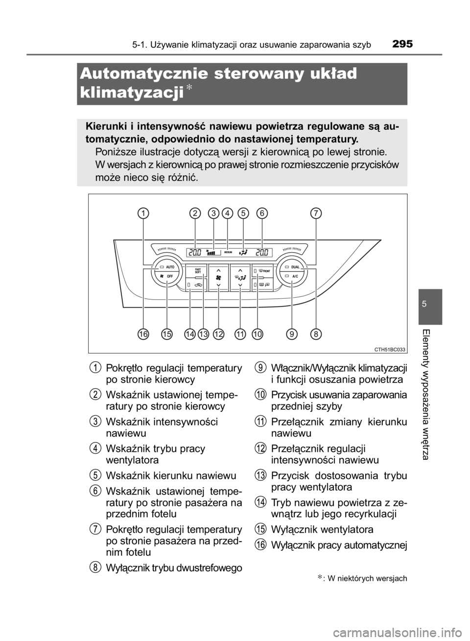 TOYOTA COROLLA 2015 Instrukcja obsługi (in Polish) Pokr´t∏o regulacji temperatury
po stronie kierowcy
Wskaênik ustawionej tempe-
ratury po stronie kierowcy
Wskaênik intensywnoÊci
nawiewu
Wskaênik trybu pracy
wentylatora
Wskaênik kierunku naw TOYOTA COROLLA 2015 Instrukcja obsługi (in Polish) Pokr´t∏o regulacji temperatury
po stronie kierowcy
Wskaênik ustawionej tempe-
ratury po stronie kierowcy
Wskaênik intensywnoÊci
nawiewu
Wskaênik trybu pracy
wentylatora
Wskaênik kierunku naw