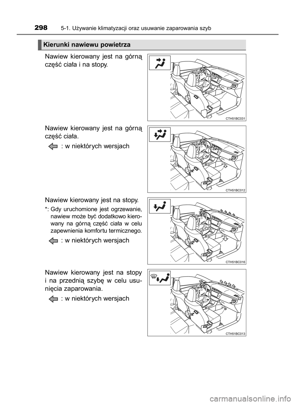TOYOTA COROLLA 2015 Instrukcja obsługi (in Polish) Nawiew kierowany jest na górnà
cz´Êç cia∏a i na stopy.
Nawiew kierowany jest na górnà
cz´Êç cia∏a.
: w niektórych wersjach
Nawiew kierowany jest na stopy.
*: Gdy uruchomione j TOYOTA COROLLA 2015 Instrukcja obsługi (in Polish) Nawiew kierowany jest na górnà
cz´Êç cia∏a i na stopy.
Nawiew kierowany jest na górnà
cz´Êç cia∏a.
: w niektórych wersjach
Nawiew kierowany jest na stopy.
*: Gdy uruchomione j