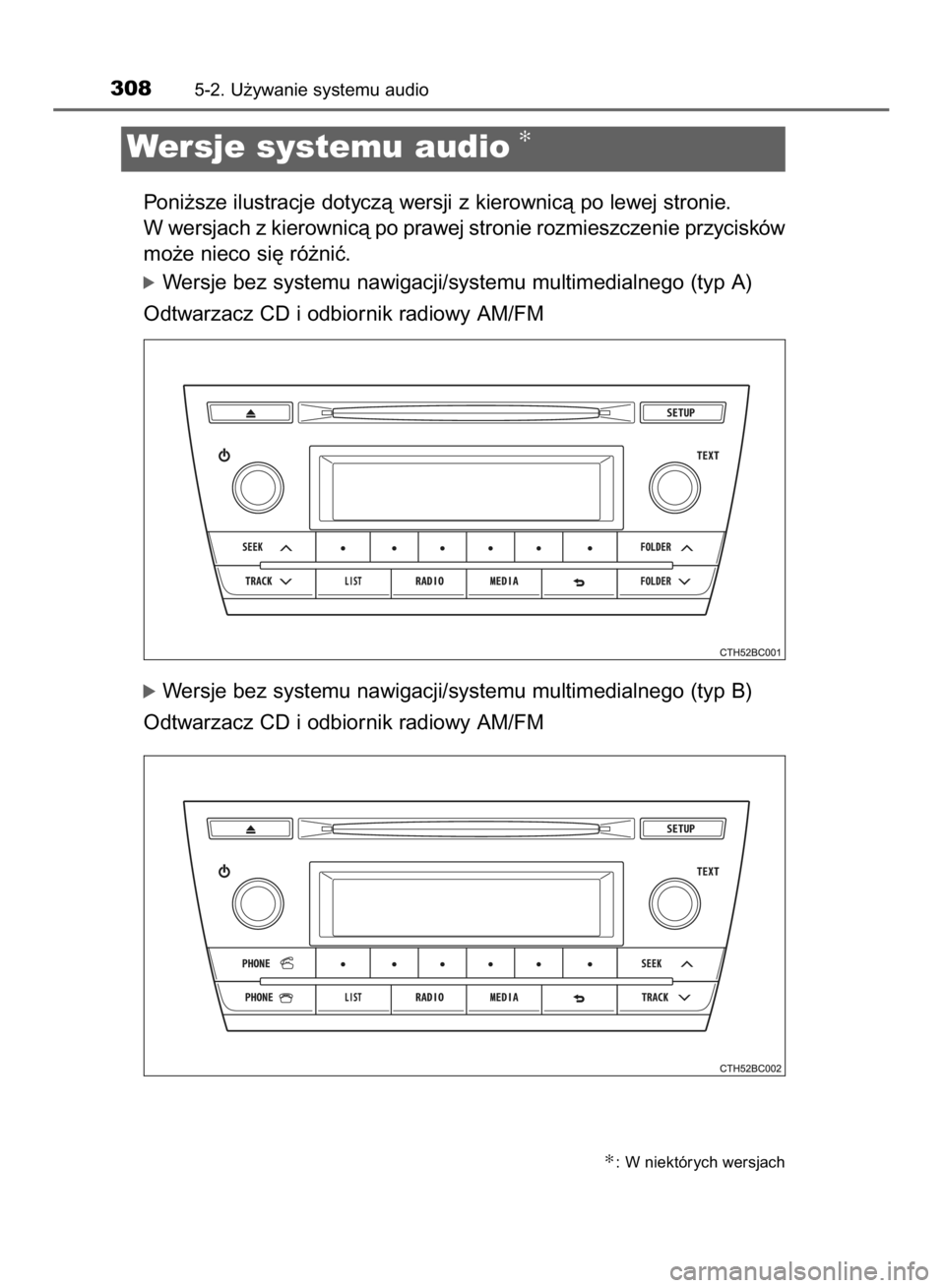 TOYOTA COROLLA 2015  Instrukcja obsługi (in Polish) Poni˝sze ilustracje dotyczà wersji z kierownicà po lewej stronie.
W wersjach z kierownicà po prawej stronie rozmieszczenie przycisków
mo˝e nieco si´ ró˝niç.
óWersje bez systemu nawigacji/sy