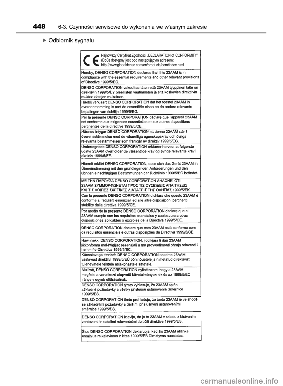 TOYOTA COROLLA 2015  Instrukcja obsługi (in Polish) óOdbiornik sygna∏u
4486-3. CzynnoÊci serwisowe do wykonania we w∏asnym zakresie
Najnowszy Cer tyfikat ZgodnoÊci „DECLARATION of CONFORMITY”
(DoC) dost´pny jest pod nast´pujàcym adresem:
