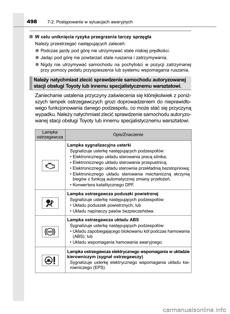 TOYOTA COROLLA 2015  Instrukcja obsługi (in Polish) W celu unikni´cia ryzyka przegrzania tarczy sprz´g∏a
Nale˝y przestrzegaç nast´pujàcych zaleceƒ:
Podczas jazdy pod gór´ nie utrzymywaç stale niskiej pr´dkoÊci.
Jadàc pod gór´ nie powta