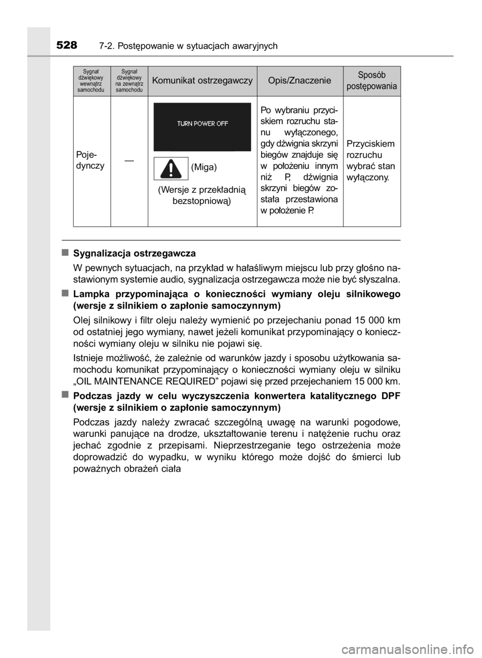 TOYOTA COROLLA 2015  Instrukcja obsługi (in Polish) Sygnalizacja ostrzegawcza
W pewnych sytuacjach, na przyk∏ad w ha∏aÊliwym miejscu lub przy g∏oÊno na-
stawionym systemie audio, sygnalizacja ostrzegawcza mo˝e nie byç s∏yszalna.
Lampka  prz