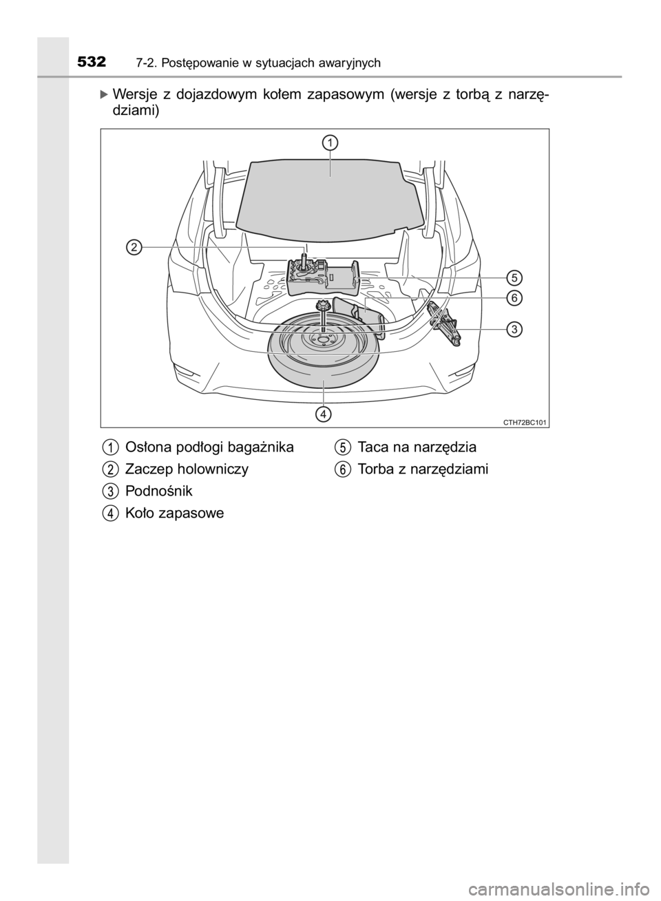 TOYOTA COROLLA 2015  Instrukcja obsługi (in Polish) ó Wersje  z dojazdowym  ko∏em  zapasowym  (wersje  z torbà  z narz´-
dziami)
5327-2. Post´powanie w sytuacjach awaryjnych
Os∏ona pod∏ogi baga˝nika
Zaczep holowniczy
PodnoÊnik
Ko∏o zapaso
