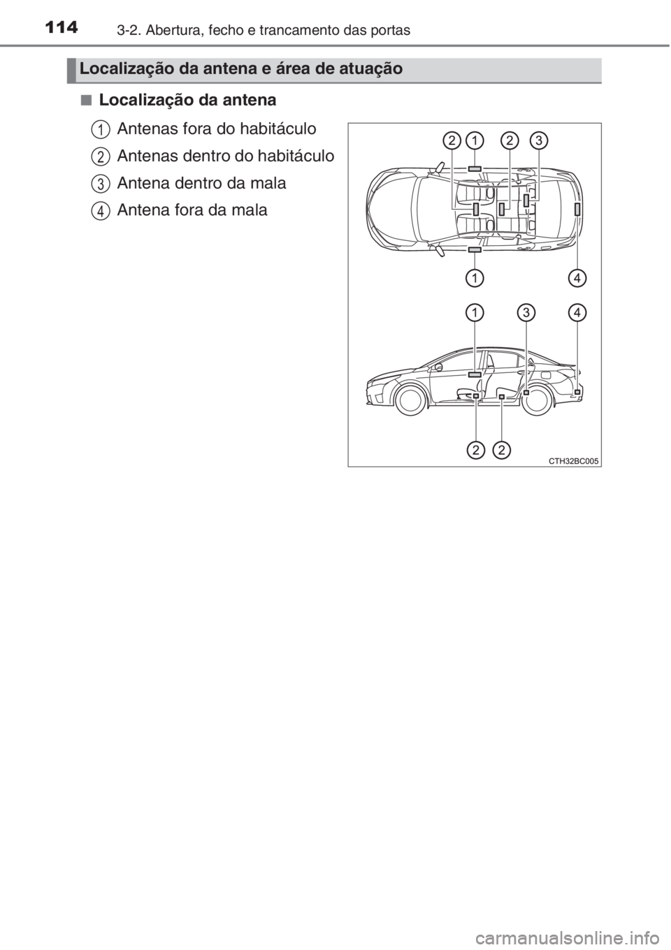 TOYOTA COROLLA 2015 Manual de utilização (in Portuguese) 1143-2. Abertura, fecho e trancamento das portas
■Localização da antena
Antenas fora do habitáculo
Antenas dentro do habitáculo
Antena dentro da mala
Antena fora da mala
Localização da antena TOYOTA COROLLA 2015 Manual de utilização (in Portuguese) 1143-2. Abertura, fecho e trancamento das portas
■Localização da antena
Antenas fora do habitáculo
Antenas dentro do habitáculo
Antena dentro da mala
Antena fora da mala
Localização da antena