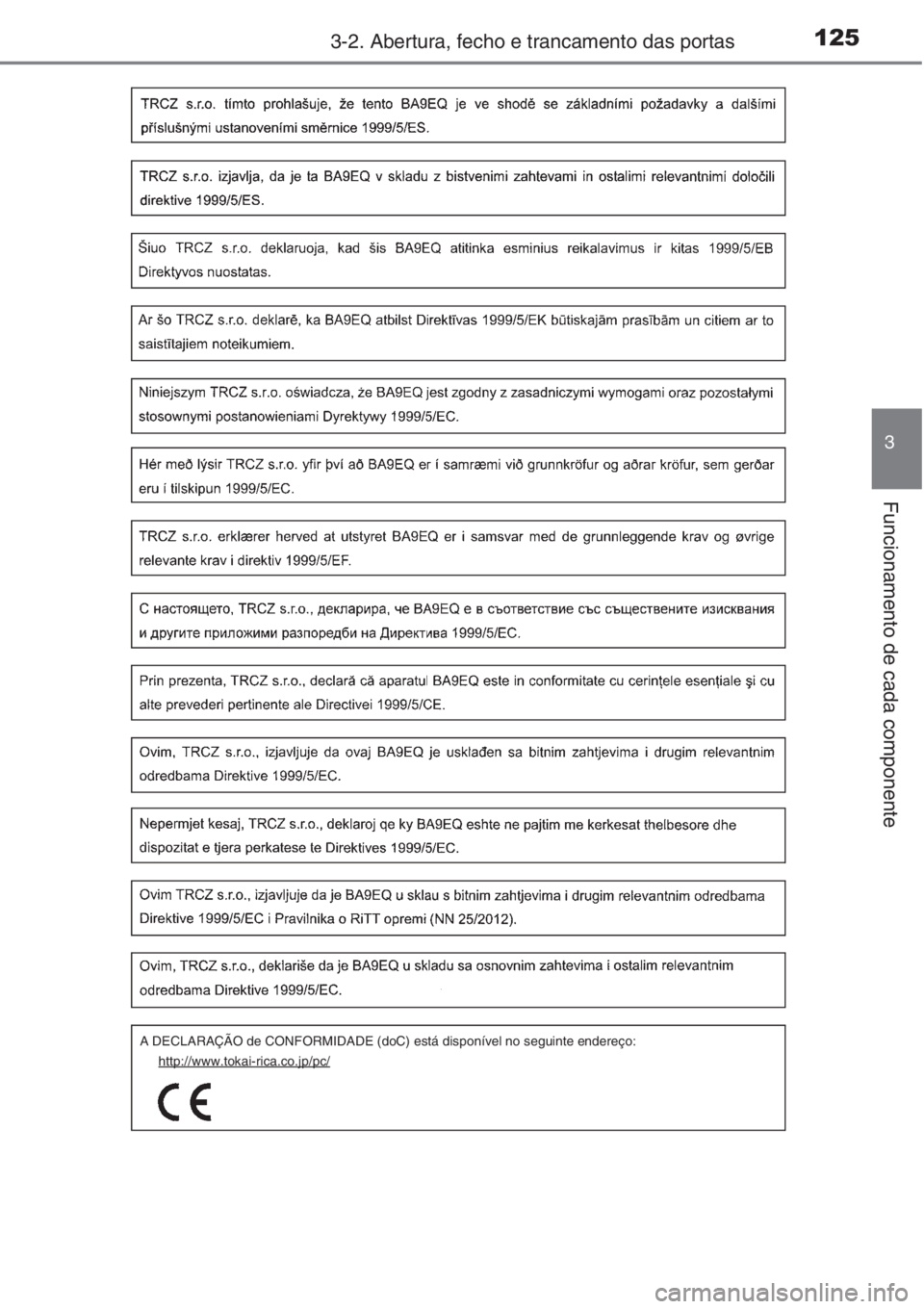 TOYOTA COROLLA 2015 Manual de utilização (in Portuguese) 1253-2. Abertura, fecho e trancamento das portas
3
Funcionamento de cada componente
A DECLARAÇÃO de CONFORMIDADE (doC) está disponível no seguinte endereço:
http://www.tokai-rica.co.jp/pc/ TOYOTA COROLLA 2015 Manual de utilização (in Portuguese) 1253-2. Abertura, fecho e trancamento das portas
3
Funcionamento de cada componente
A DECLARAÇÃO de CONFORMIDADE (doC) está disponível no seguinte endereço:
http://www.tokai-rica.co.jp/pc/